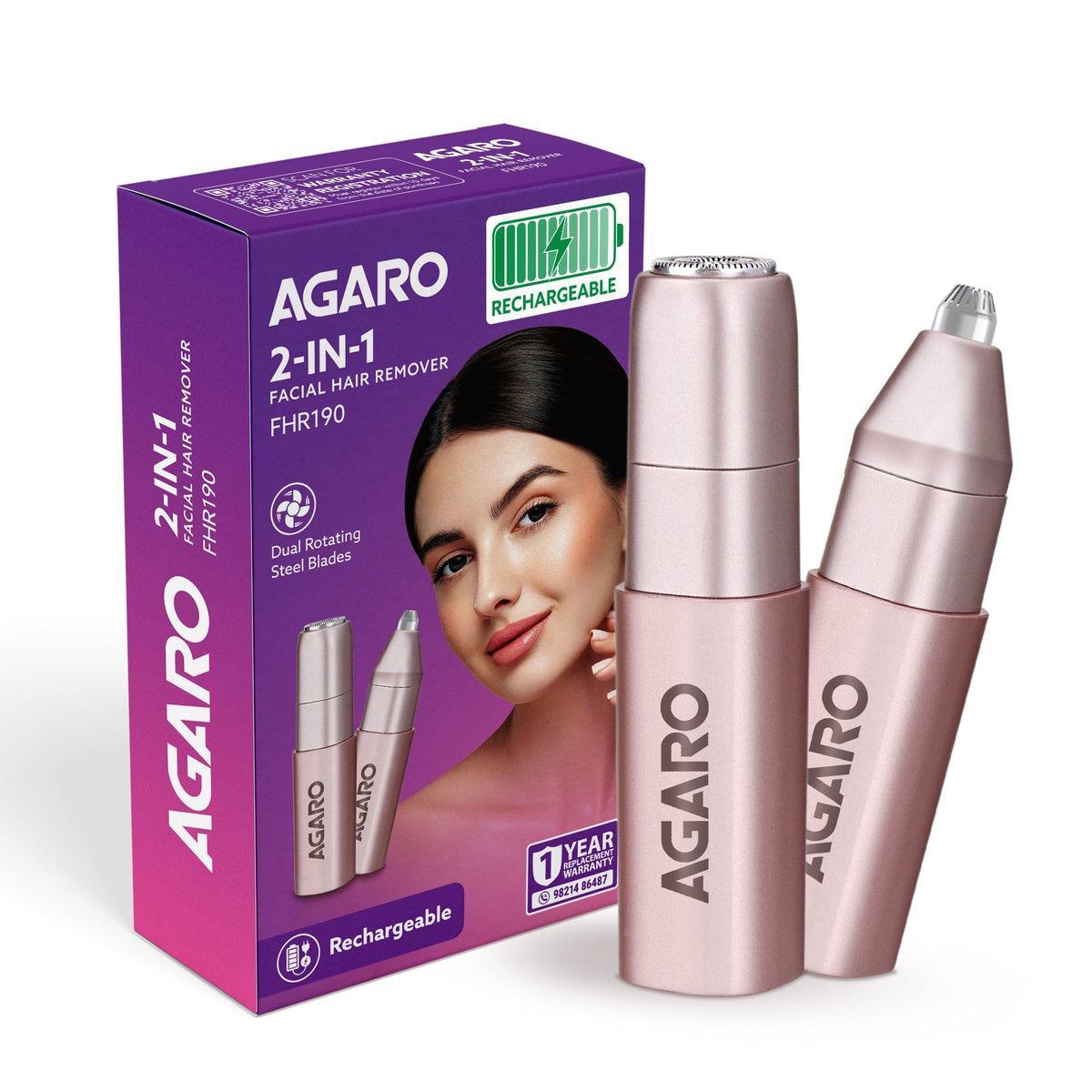 Facial Hair Remover |Eyebrow Trimmer FHR190 Rose Gold For Women, Rechargeable, Cordless, Safe & Painless Electric Shaver, Hypoallergenic Blade, Multipurpose Use For Upper Lip, Chin