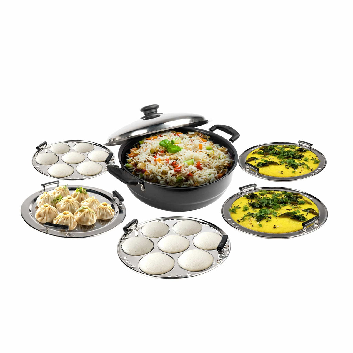 Elite Hard Anodised Multi Kadhai with Stainless Steel Lid, 5L, Gas Compatible, 3mm Thick Body, Riveted Handle