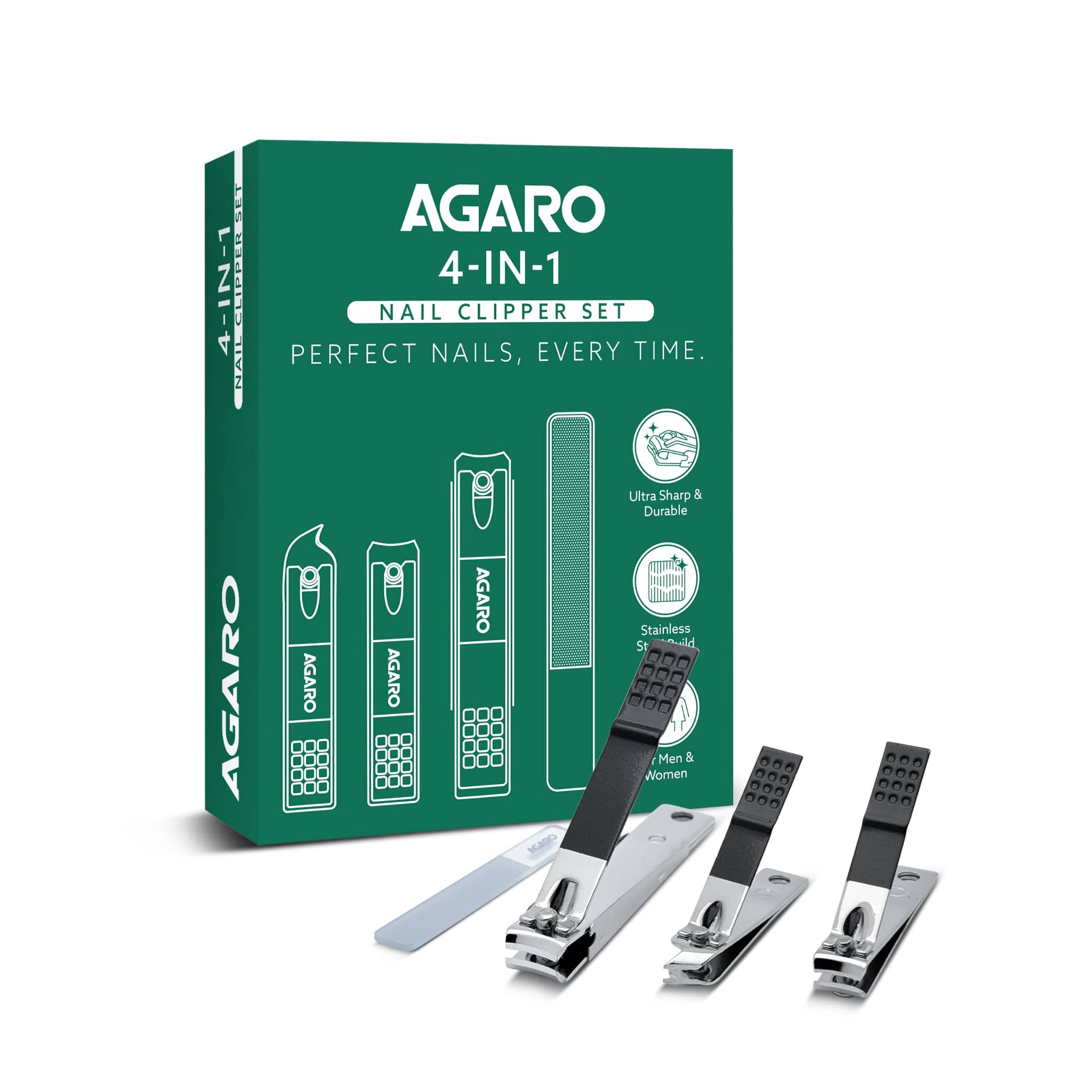 4-in-1 Nail Clipper Set – Manicure & Pedicure Kit with Fingernail & Toenail Clippers, Premium Glass Nail File, Ergonomic Non-Slip Grip, Travel Case for Men & Women (Dark Green)
