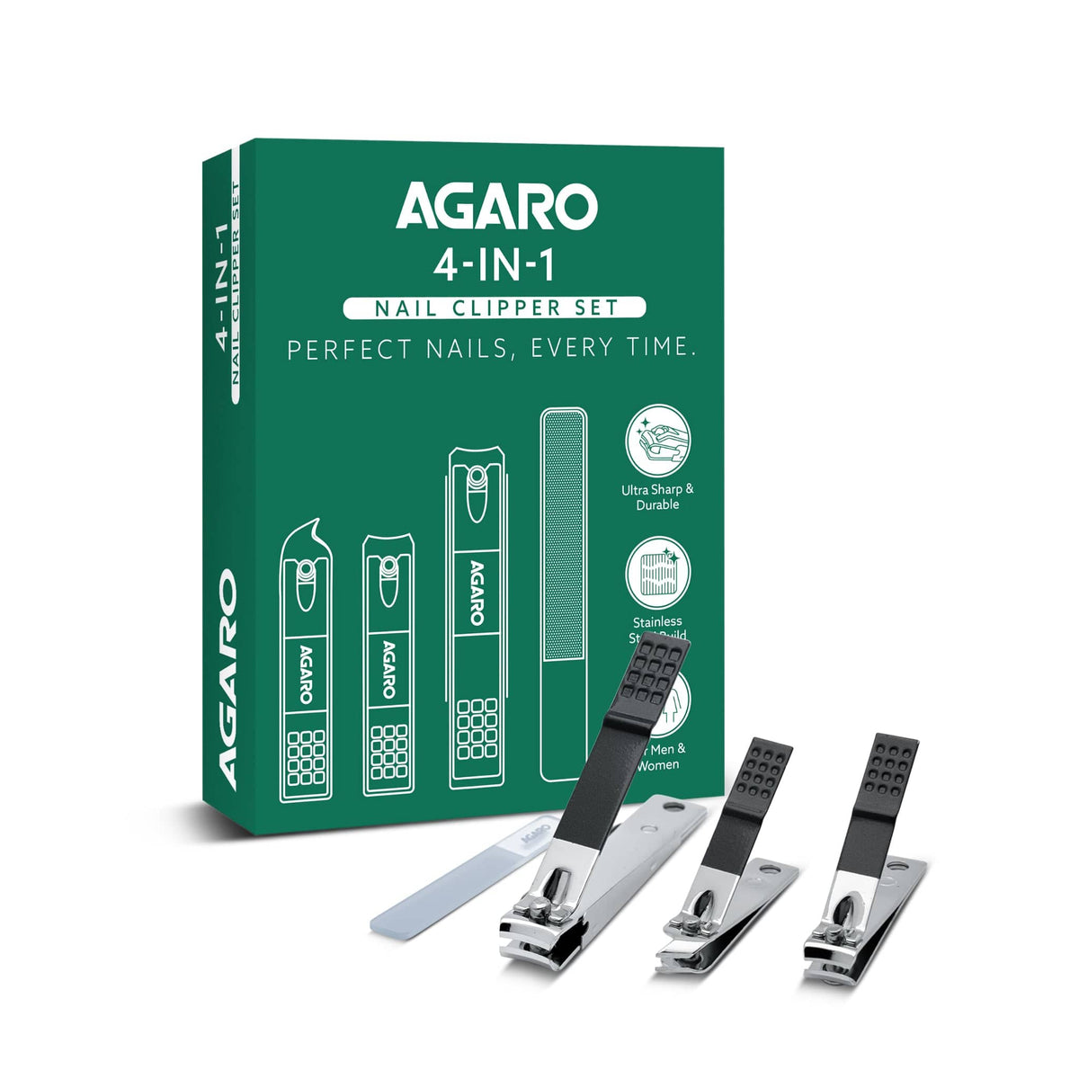4-in-1 Nail Clipper Set – Manicure & Pedicure Kit with Fingernail & Toenail Clippers, Premium Glass Nail File, Ergonomic Non-Slip Grip, Travel Case for Men & Women (Dark Green)