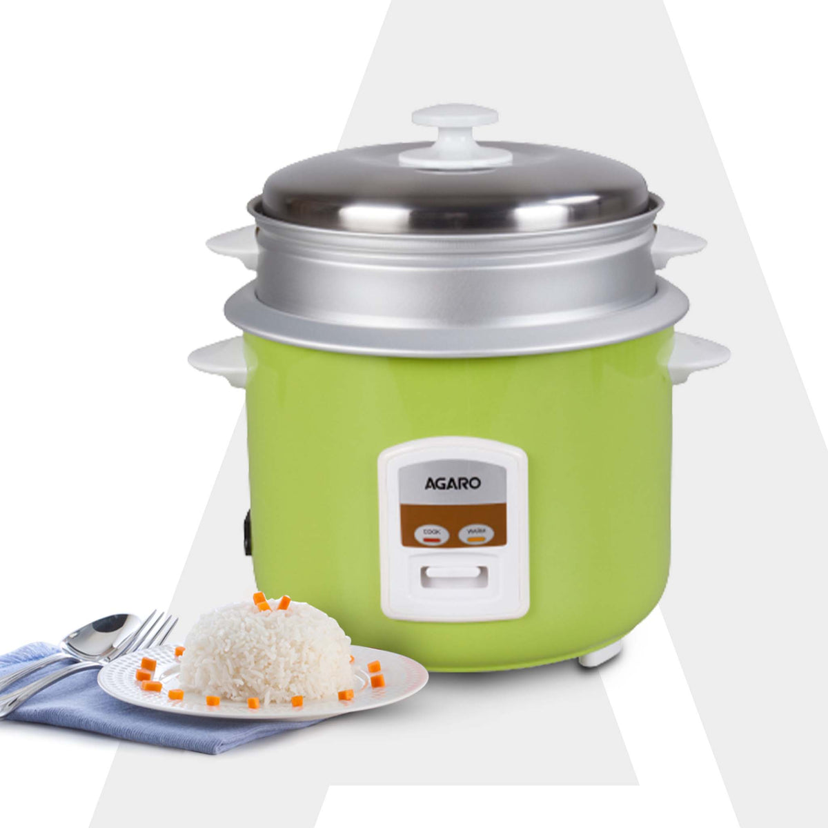 Marvel Electric Rice Cooker, 1.8L, 700W, Automatic Boiler, Steamer, Removable Aluminium Pot, Stainless Steel Lid, Keep Warm Function, Trivet Plate, Rice, Veggies, Green