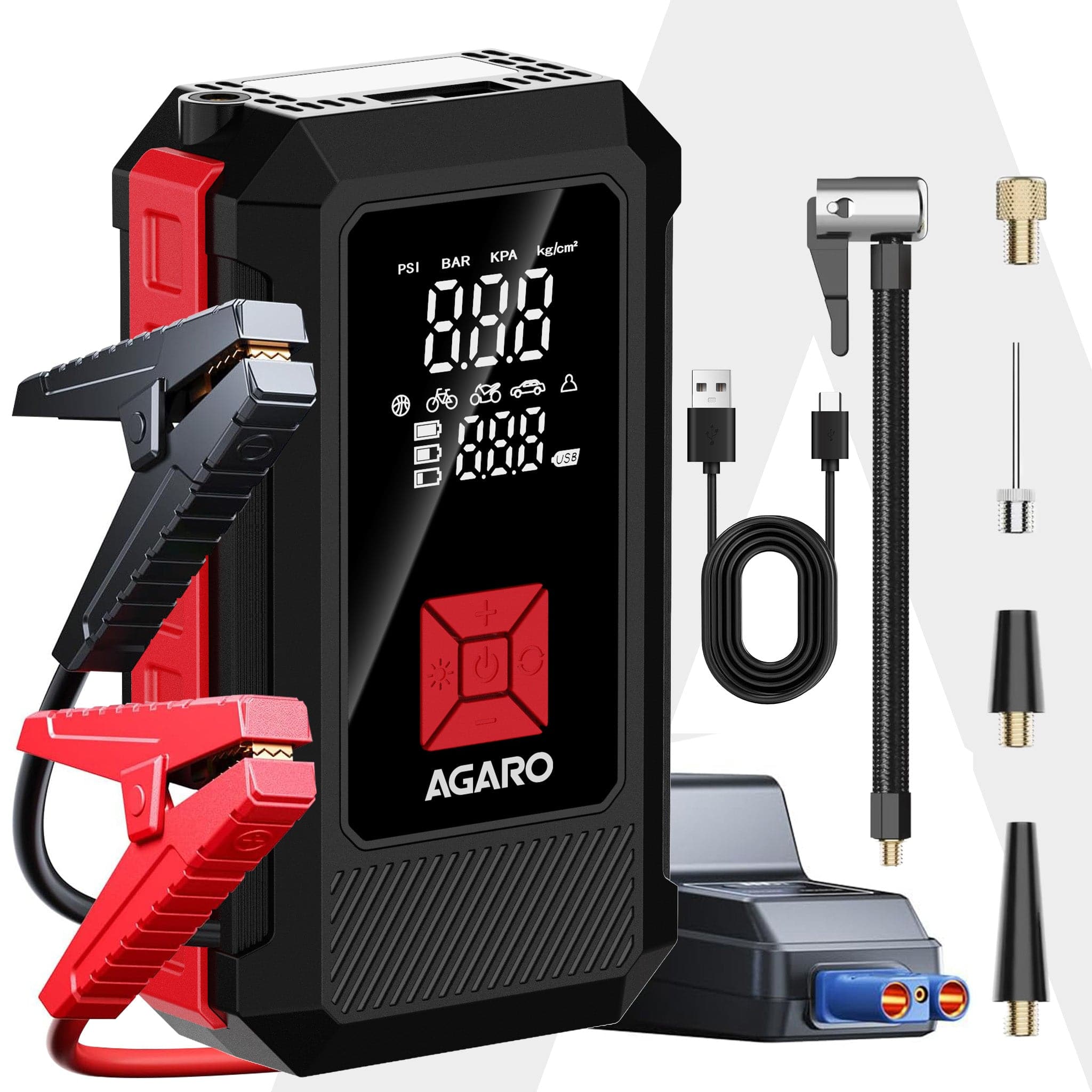 Regal Tyre inflator & Jump Starter, For Cars & Bikes, 12V, Upto 150 PSI, 10000 mAH Powerful Battery, LED Light, Digital Display, Multiple Nozzles
