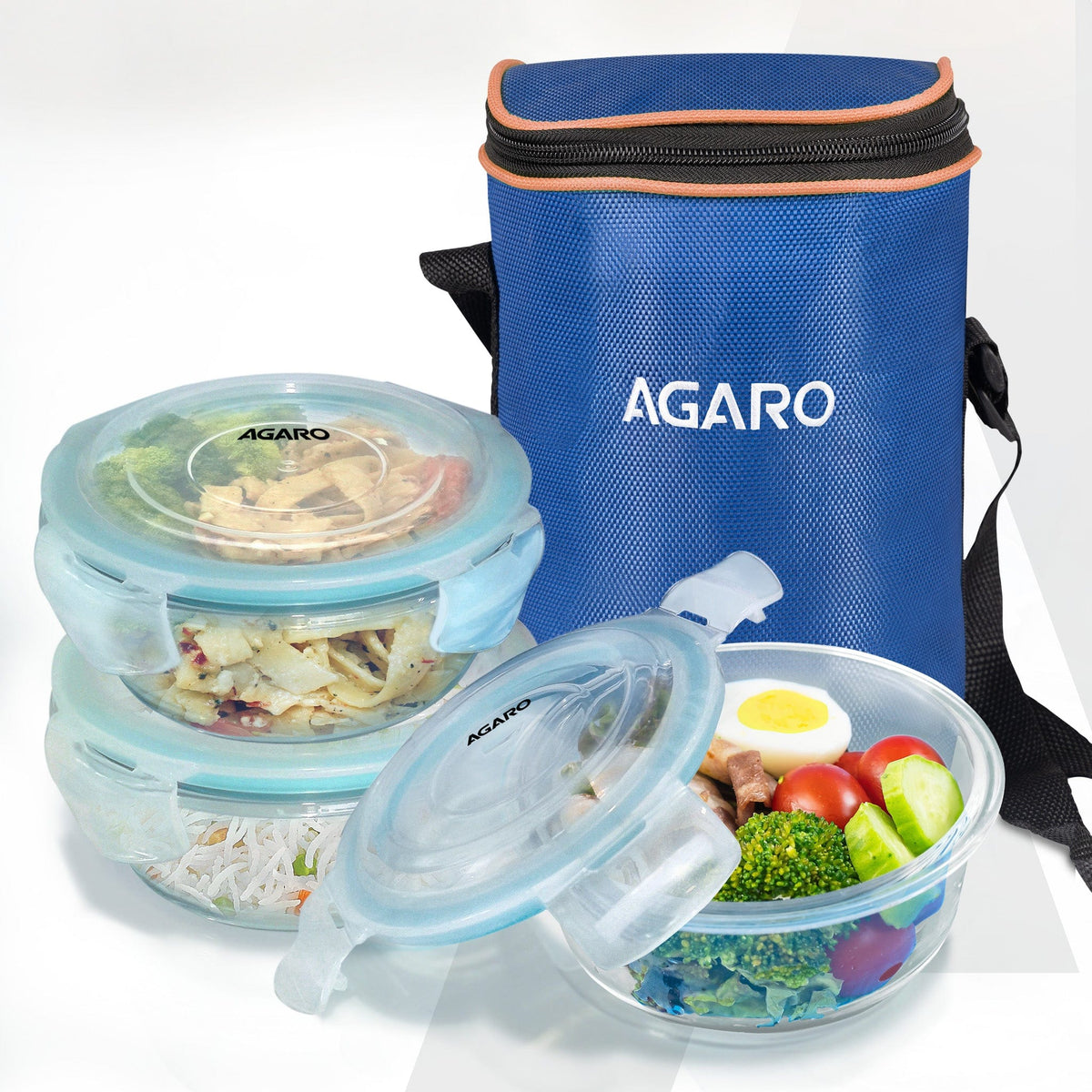 Elite Lunch Box, Set  of 3 With Lunch Bag, Round Shaped, Borosilicate Glass, Leakproof & Airtight Locking Lids, Microwave & Freezer Safe,  Office Lunch Box Set, Transparent, Set of 3 ƒ?? 400ml+400ml +400ml