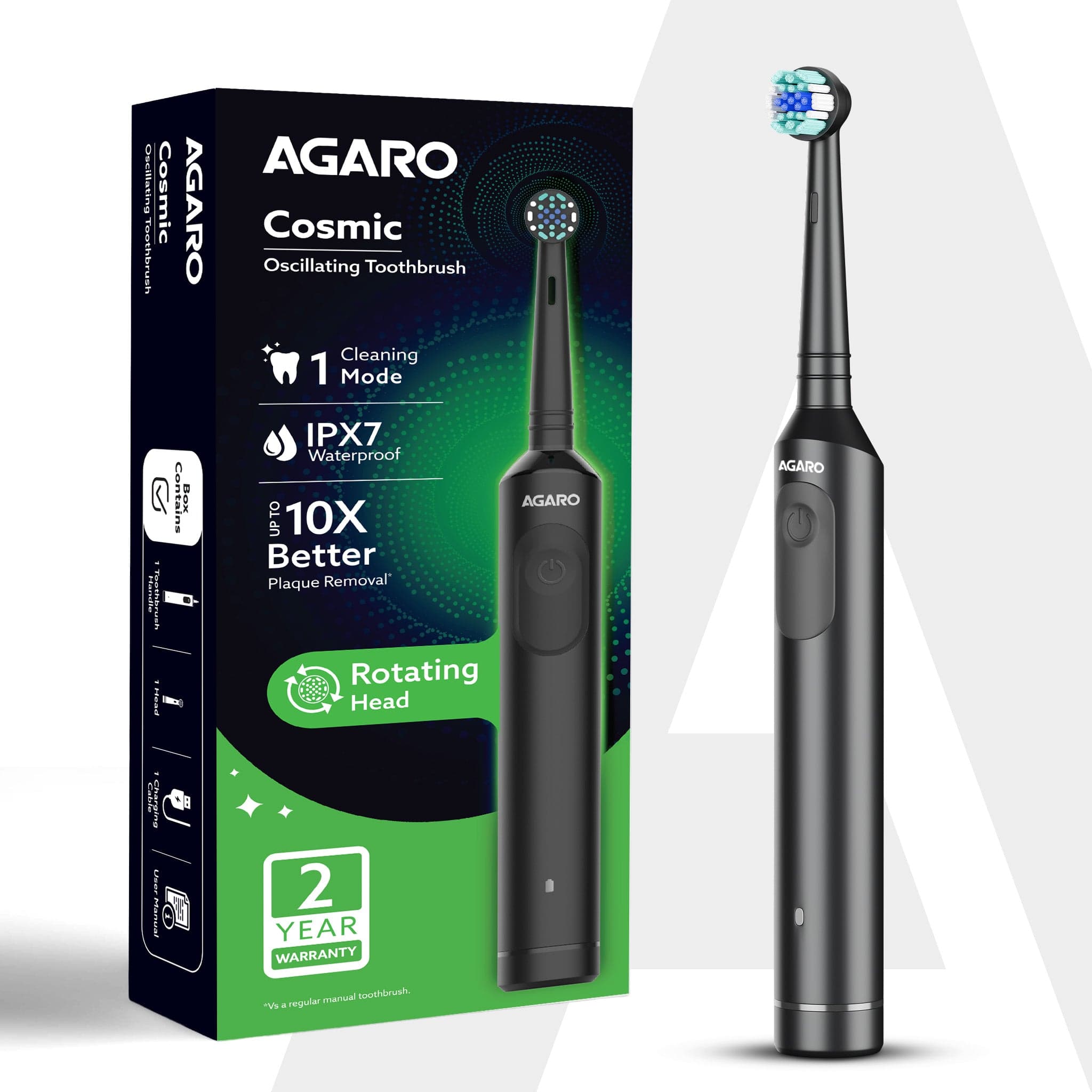 Cosmic Oscillating Electric Tooth Brush for Adults, Nylon Soft Bristles, Replaceable Brush Head, Rechargeable, Power Oscillating Toothbrush, Black
