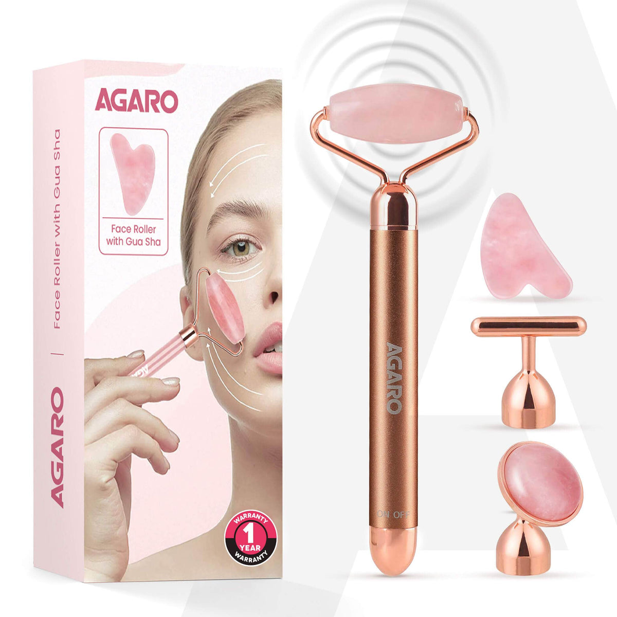 4-In-1 Electric Rose Quartz Face Roller with Gua Sha, Facial Roller Kit for Face, Eye, Neck, Anti-Aging Facial Massager for Anti-Wrinkles, Skin Firming and Lifting (Rose Gold)