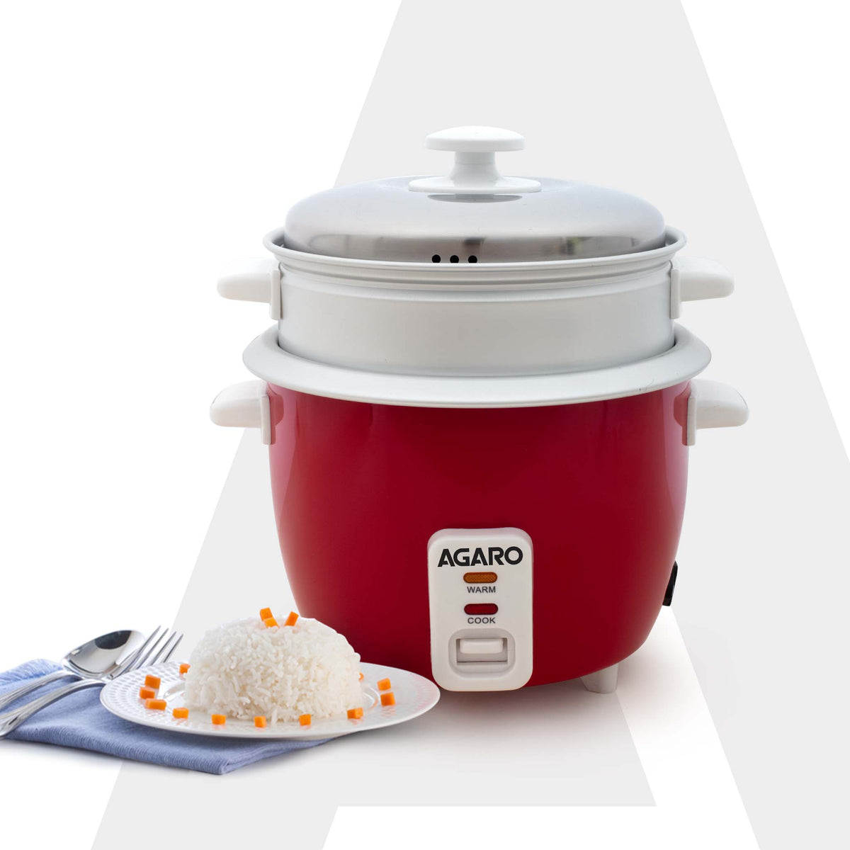 Elegant Electric Rice Cooker, 1L, 400W, Automatic Boiler, Steamer, Removable Aluminium Pot, Stainless Steel Lid, Keep Warm Function, Trivet Plate, Rice, Veggies, Red