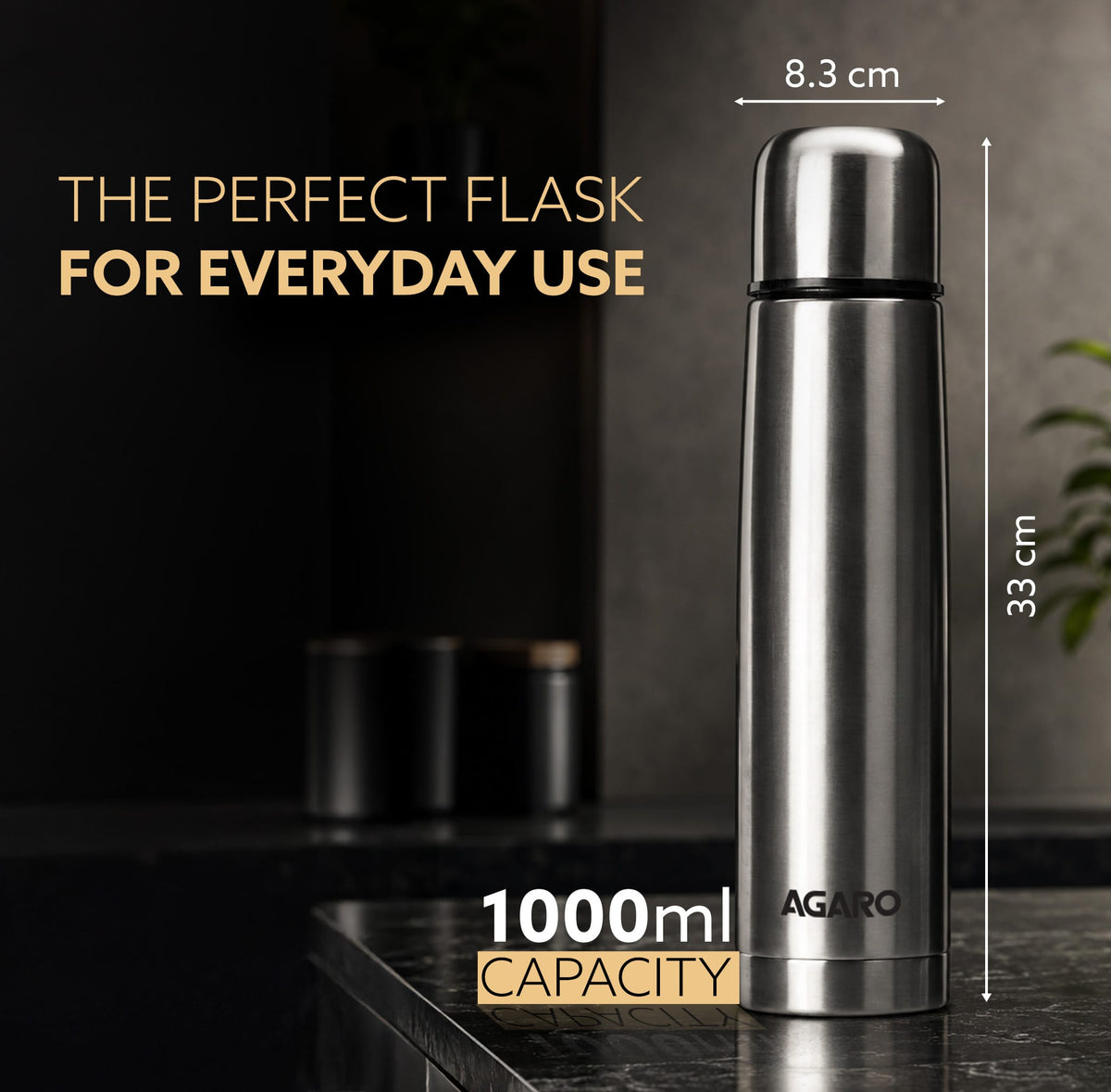 Delite Stainless Steel Flask with Bag, 1000ml, Up to 24 Hrs Hot & Cold, ISI Certified, Triple Vacuum Insulated, Leak Proof, Flip Lid Closure, BPA & Rust Free, for Travel, Office & Outdoor Use