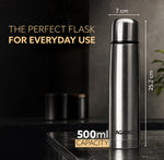 Delite Stainless Steel Flask with Bag, 500ml, Up to 24 Hrs Hot & Cold, ISI Certified, Triple Vacuum Insulated, Leak Proof, Flip Lid Closure, BPA & Rust Free, for Travel, Office & Outdoor Use