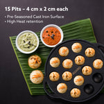 Royal Pre-Seasoned Cast Iron Paniyaram Pan, 15 pits (4cm x 2cm Each), No Chemical Coating, Rigid Handle, Fast Heating, Gas Oven Compatible, Appe, Gunta Ponganalu, Paddu, Kuzhi & Litti
