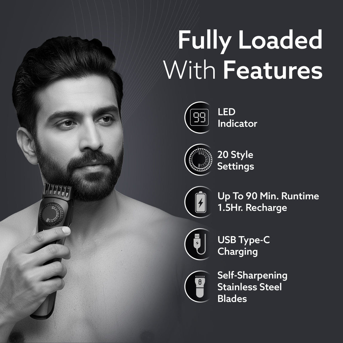 Beard Trimmer MT2525, Cordless ElectricBeard_Trimmer with Precision Dial, USB Rechargeable, 20 Length Settings Mustache Trimmer for Mens Gifts