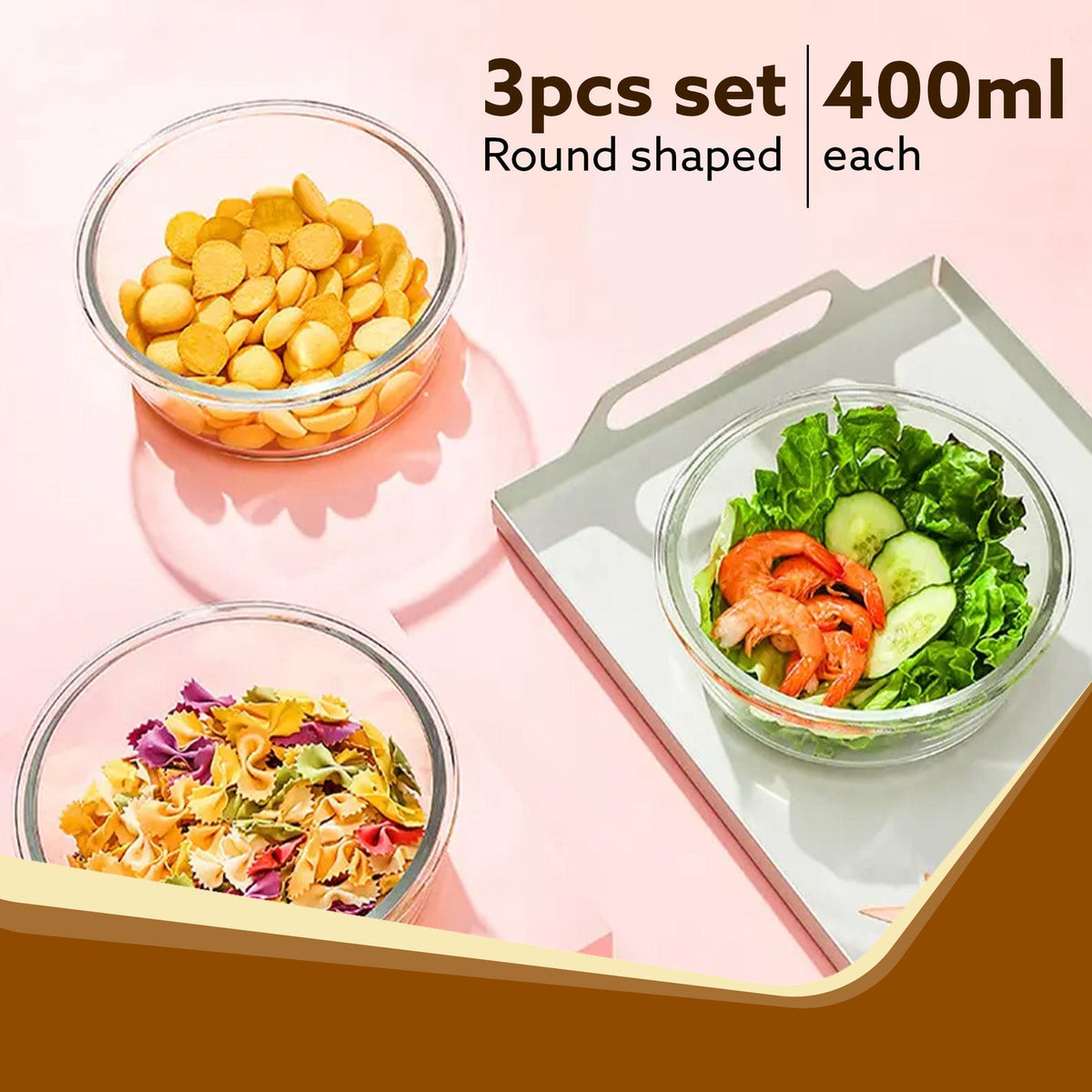 Elite Lunch Box, Set  of 3 With Lunch Bag, Round Shaped, Borosilicate Glass, Leakproof & Airtight Locking Lids, Microwave & Freezer Safe,  Office Lunch Box Set, Transparent, Set of 3 ƒ?? 400ml+400ml +400ml