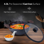 Royal Pre Seasoned Cast Iron Kadai with Glass Lid, No Chemical Coating, Rigid Iron Handle, 4.3L, Uni-Body Design, Fast Heating, Heavy Weight, Gas & Induction Oven Compatible, Cooking, Black