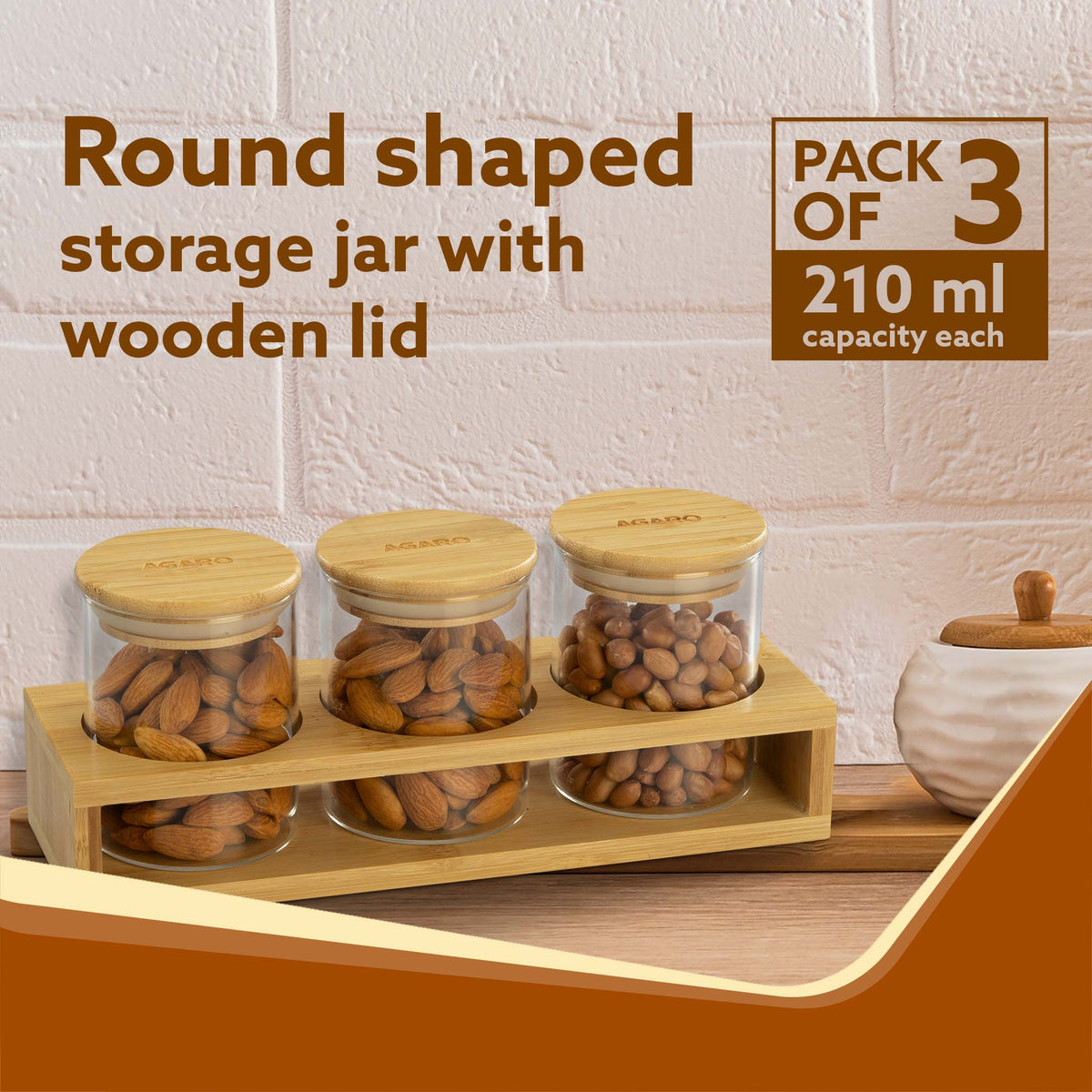 Elite Borosilicate Glass Jar 210 ml With Wooden Rack, Storage Glass Container, Transparent, Kitchen Organiser, Multipurpose Jar, Pack of 3