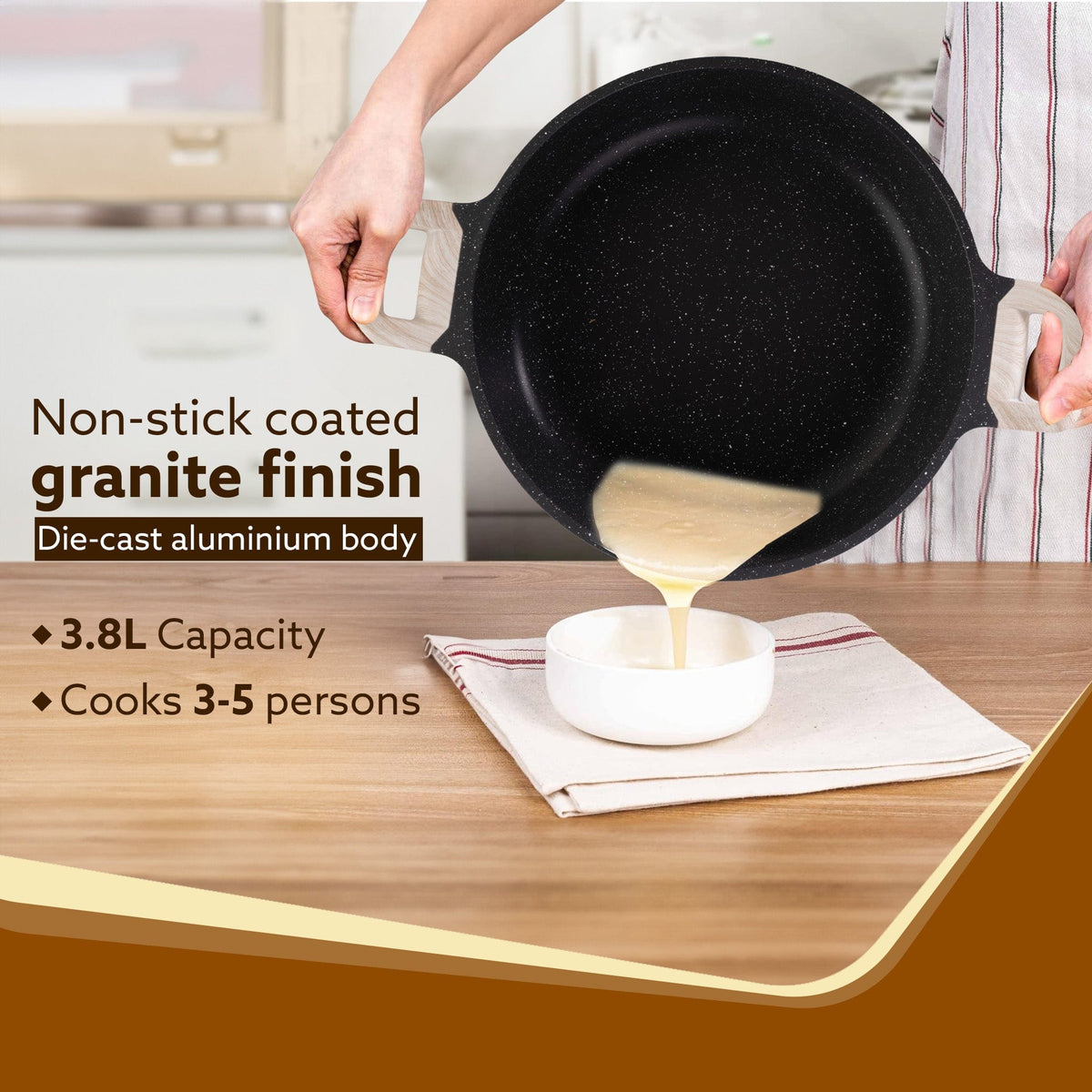Imperial Granite Non Stick Kadhai with Glass Lid, 3.8L / 28cm,Kadai , Deep Frying Pan, Biryani Pot, Cast Aluminium Body, Gas & Induction Compatible, Dark Grey