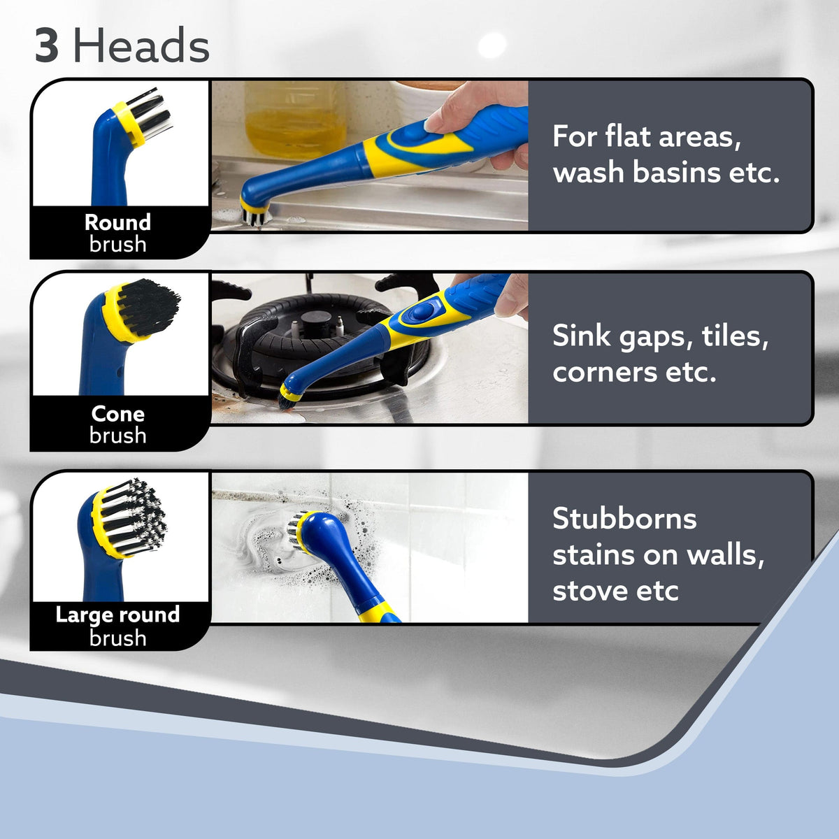 Regal Cleaning Brush for Household, Toilet, Kitchen, Bathroom Cleaning, High Speed Oscillating Technology, Long Handle, 3 Heads for Scrubbing / Removing stain, Dirt, Cordless, Blue & Yellow