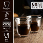Elite Double Wall Glass Espresso Cups 80ml, Pack of 2 | Premium Borosilicate, Heat Resistant, Ideal for Coffee, Tea, Latte, Microwave & Dishwasher Safe