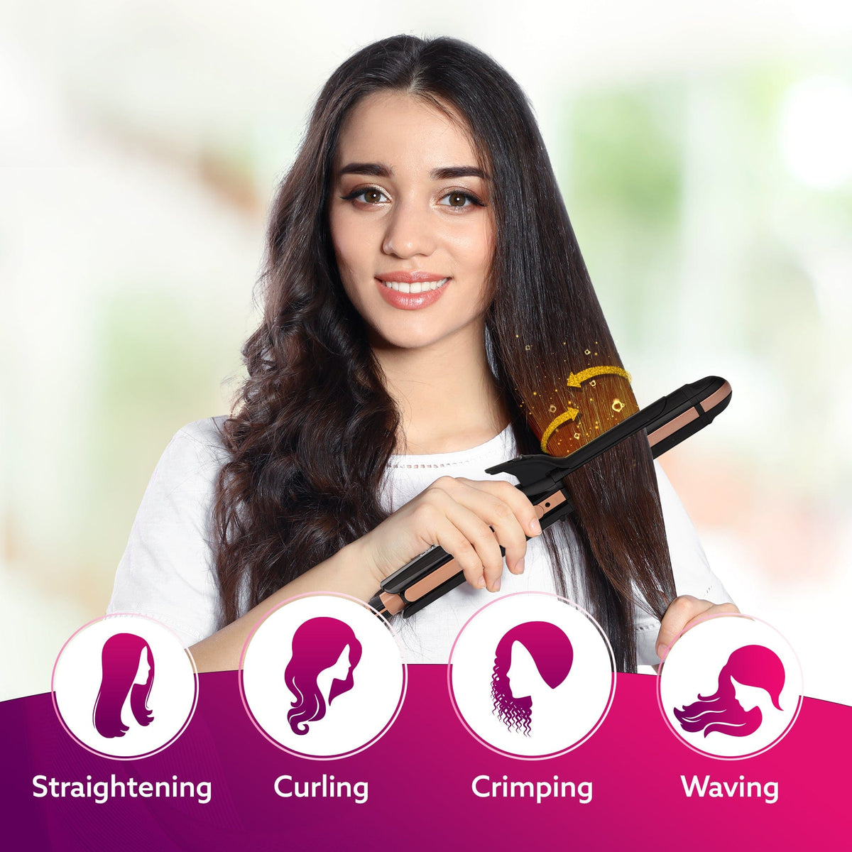 4 in1 hair Straightener,Wavy Hair, Crimper, Curler, Hair Styler, Keratin Infused Ceramic Coated Plate, Variable Style Settings, Hair Styling, Black & Rose Gold, HS1719