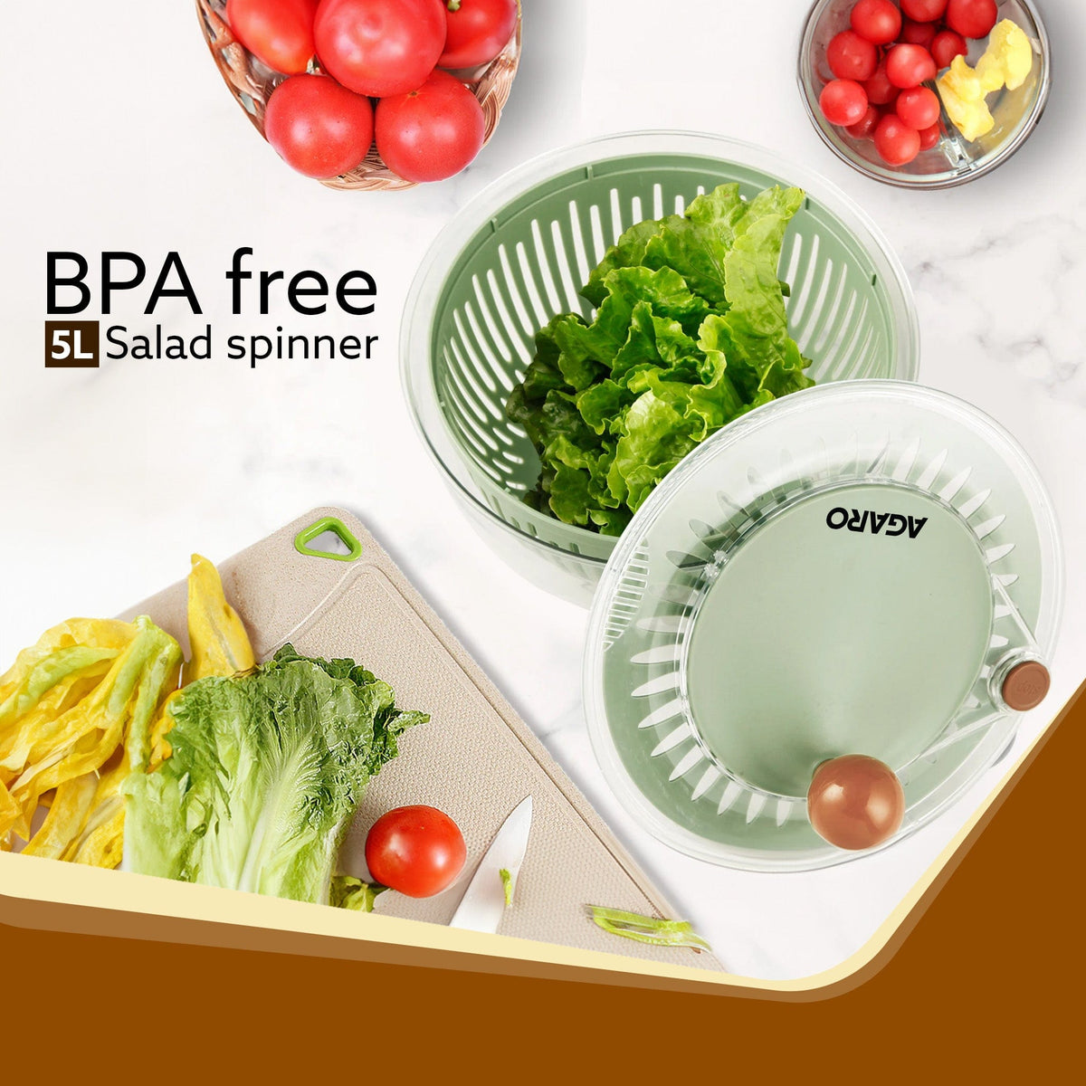 Elite Salad Spinner, 5L, Vegetable Cleaner, Removes Excess Water and Pesticides, Cleans Vegetables Thoroughly, Use for Mixing Salad with Dressing, BPA Free Food-Grade Plastic, Green