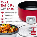 Regal Electric Multi Cooking Pot, 3L, 1200W, Automatic Boiler, Steamer, Fryer, Aluminium Pot, Glass Lid, Adjustable Temperature Control, Keep Warm, Rice, Veggies, Red