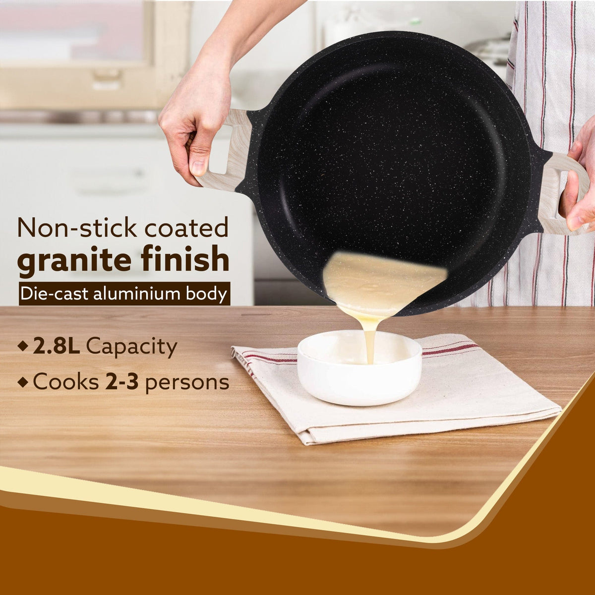 Imperial Granite Non Stick Kadai with Glass Lid, 2.8L / 24cm, Kadai ,Deep Frying Pan, Biryani Pot, Cast Aluminium Body, Gas & Induction Compatible, Dark Grey