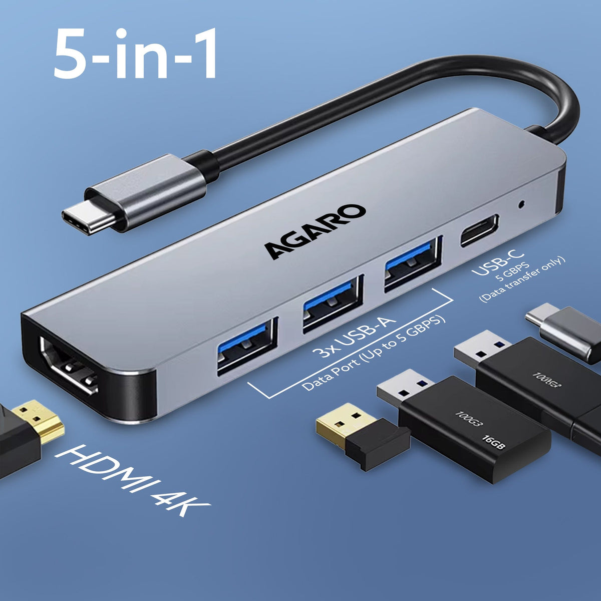 5-in-1 Type-C Multi-Port Hub, 4K@60Hz USB-C to HDMI Adapter, 85W PD Charging, 3× USB-A & USB-C 3.0 Data Ports, SD/TF Card Reader, Compatible with Type-C Devices