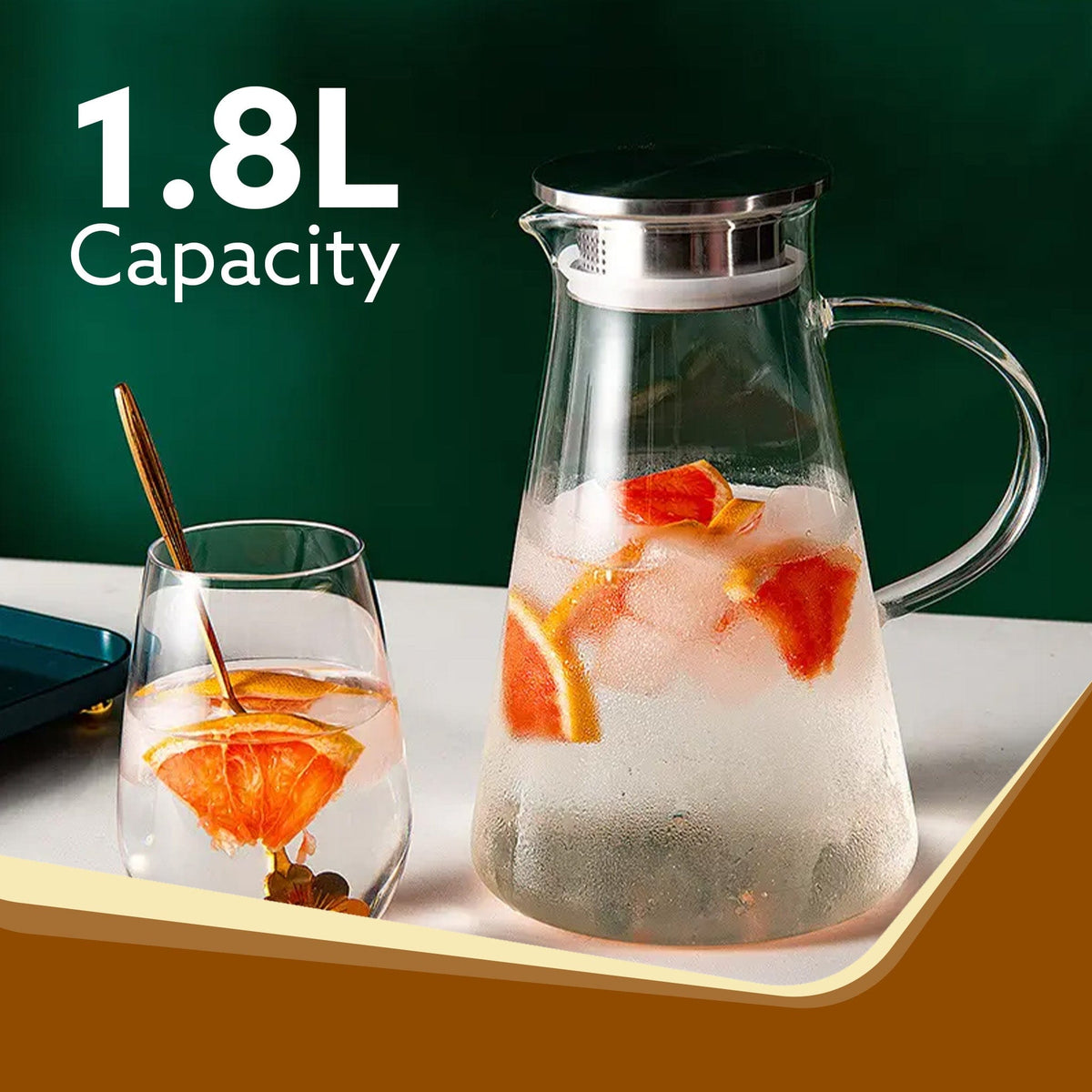 Elite Borosilicate Water Jug 1.8Ltr, Stainless Steel Air Tight lid, Iced Tea Pitcher, Water Jug, Hot Cold Water, Milk and Juice Beverage Carafes