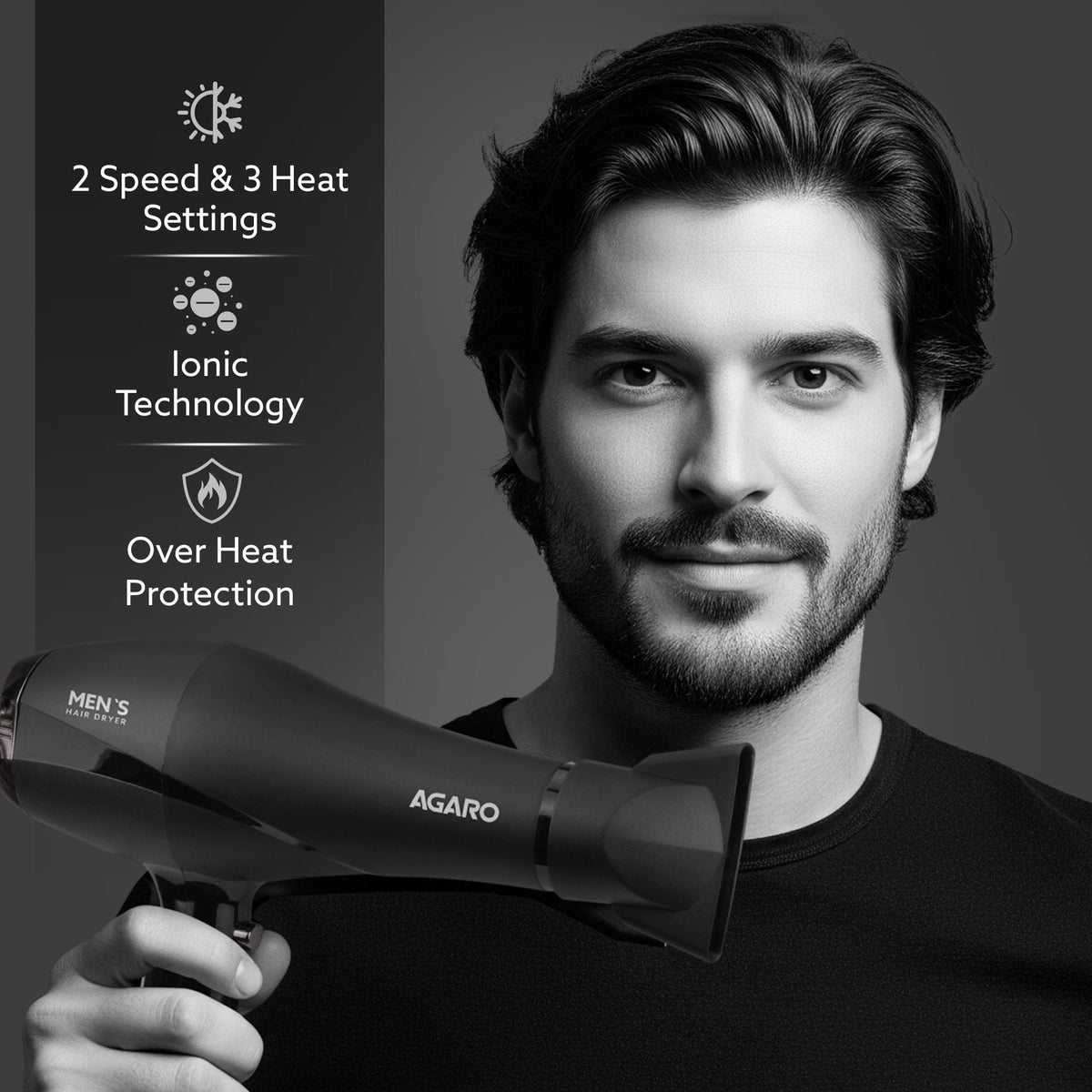2000W AC Professional Hair Dryer with Comb, Concentrator & Diffuser Nozzles, Hot & Cold Air, 2 Speed & 3 Temperature Settings with Cool Shot, 16A Socket, Hair Dryer & Blower for Men, Black