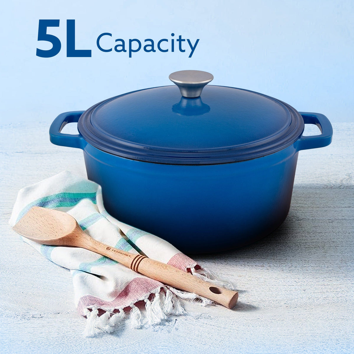 Royal Enamelled Cast Iron Casserole with Lid, Cooking Pot, No Chemical Coating, Fast Heat, Heavy Weight, Gas, Induction Oven Compatible, for Meat, Dal, Curry, Biryani, Pulao, Blue, 5 Liters