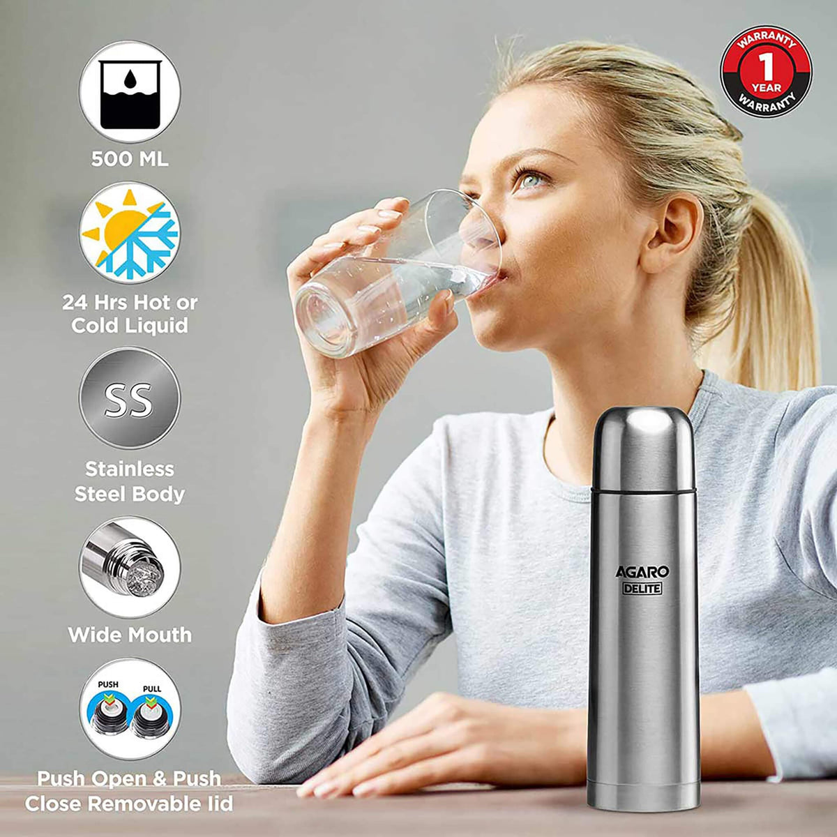 Delight Stainless Steel Flask, 500ml, Grey