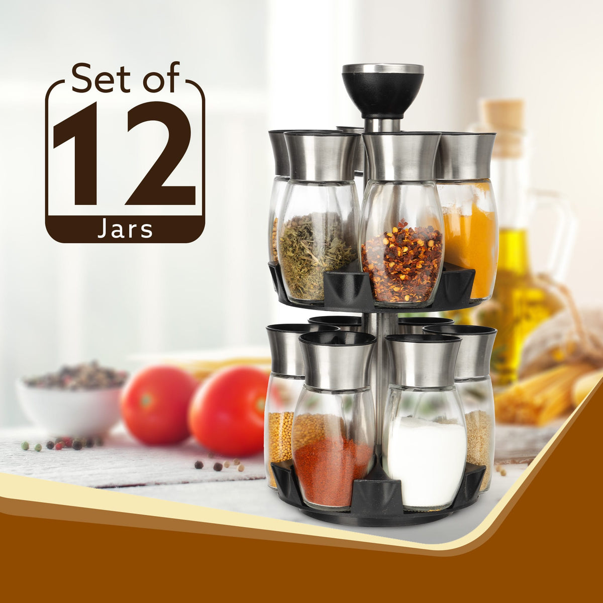Elegant Glass Spice Jar with Holder, Set of 12, Spinning Spice Storage Rack, Rotating Spice Holder, Spice Containers, Spice Seasoning Organizer, Masala box for Kitchen, Kitchen Storage Rack