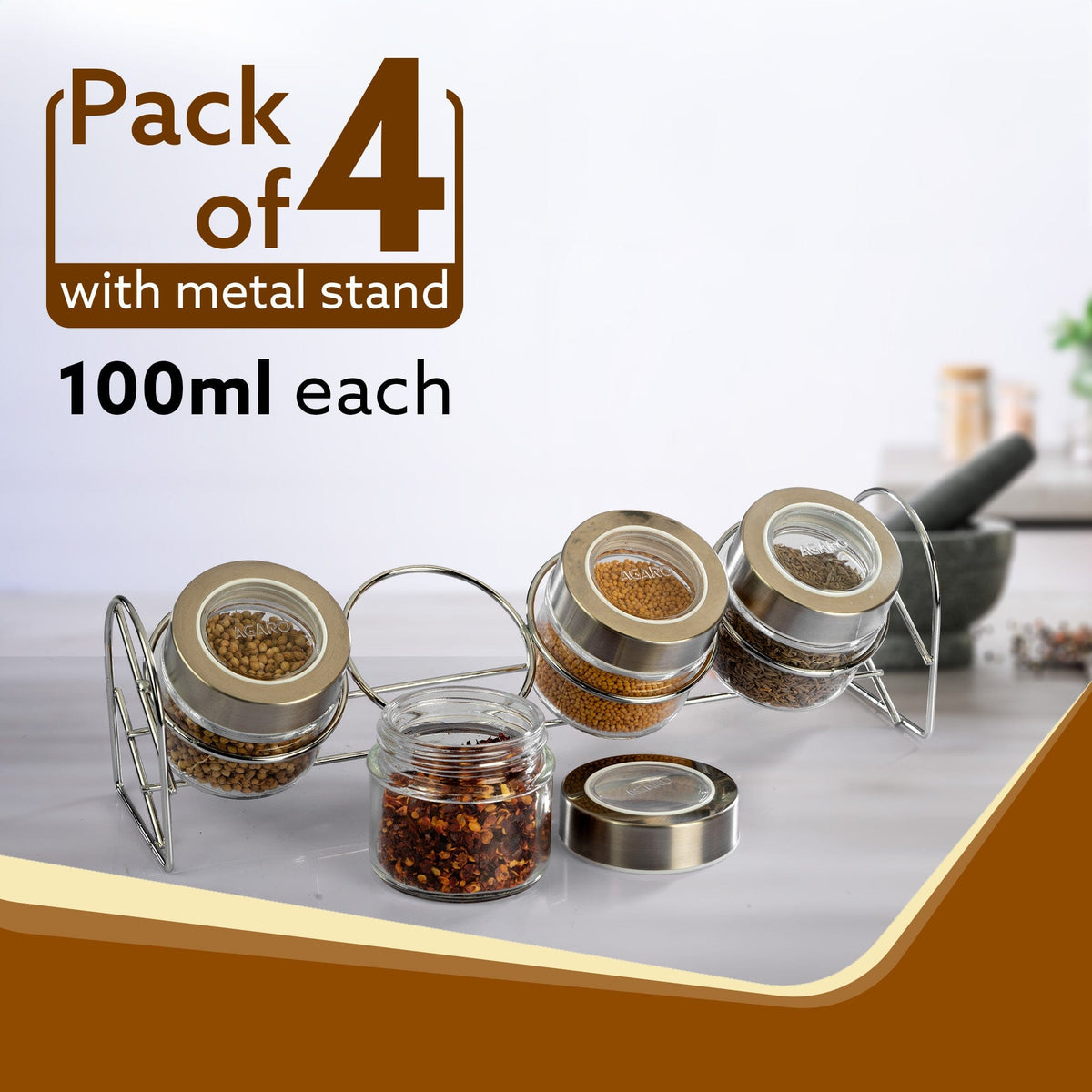 Elegant Glass Spice Jar with Metal Stand, Pack of 4, 100Ml Each, Transparent Body, Steel lid with transparent plastic, Stores Spices