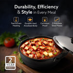 Elite Hard Anodised Multi Kadhai with Stainless Steel Lid, 5L, Gas Compatible, 3mm Thick Body, Riveted Handle