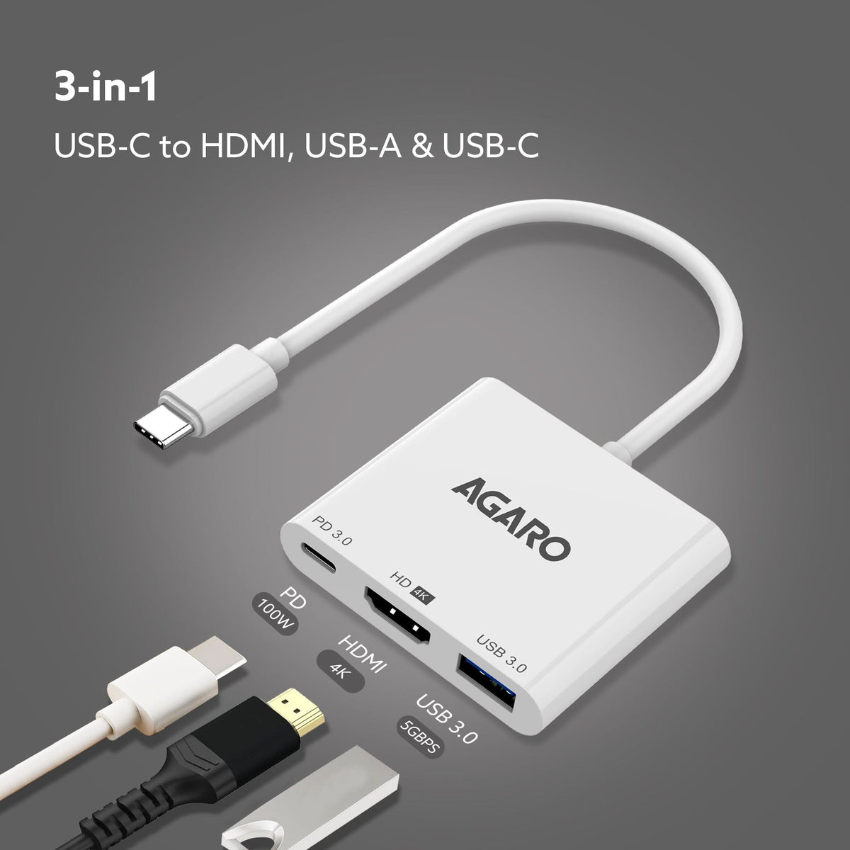 3-in-1 USB Type-C to HDMI Multi-Port Hub, 4K HDMI Output