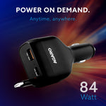 Turbo 84W 3 in1 Car Charger with 86 cm Retractable Cable (30W Type-C PD) & Dual Port (18W USB-A & 30W Type-C) for Android, iPhone, iPad, Earbuds, Tablet, Power Bank & USB-powered devices (Black)