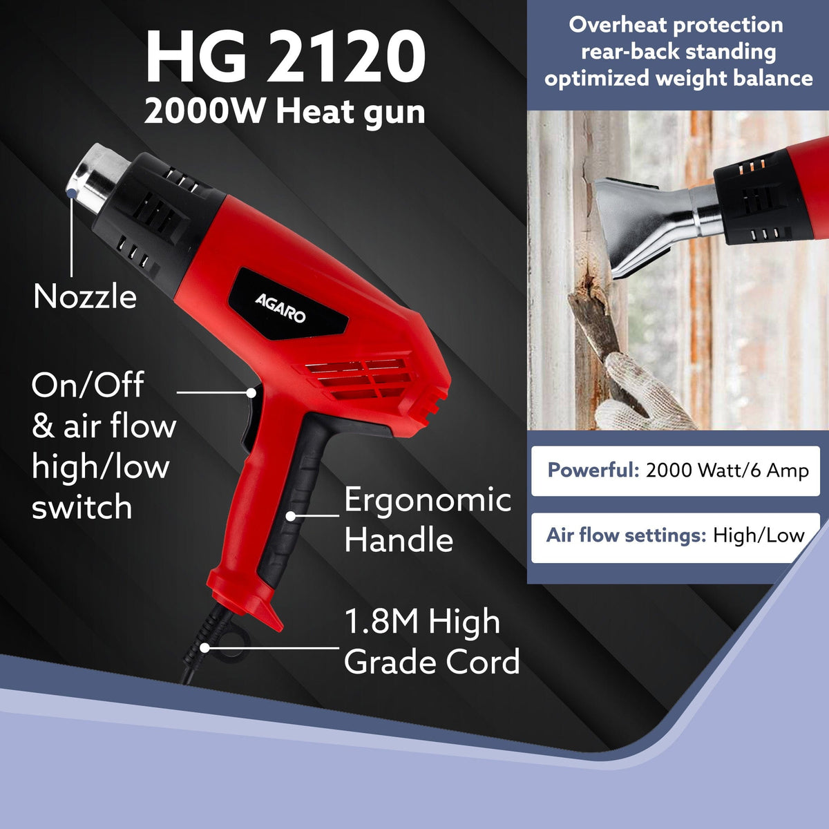 Heat Gun HG2120 2000Watt, Dual Temperature and Air Flow Control  with 4 Nozzle Attachments, Hot Air Gun Heating helps in Shrink Wrapping, Paint Removal, Rusted Bolt Stripping, Wire Shrinking, Crafting