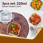 Elite Lunch Box, Set  of 3 With Lunch Bag, Square Shaped, Borosilicate Glass, Leakproof & Airtight Locking Lids, Microwave & Freezer Safe,  Office Lunch Box Set, Transparent, Set of 3 ƒ?? 320ml+320ml +320ml