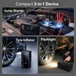 Elite Tyre Inflator & Jump Starter, for Cars, Bikes & Balls, 14.8V, Upto 150 PSI, 10000 mAh Power Bank, LED Light, Digital Display, Multiple Nozzles
