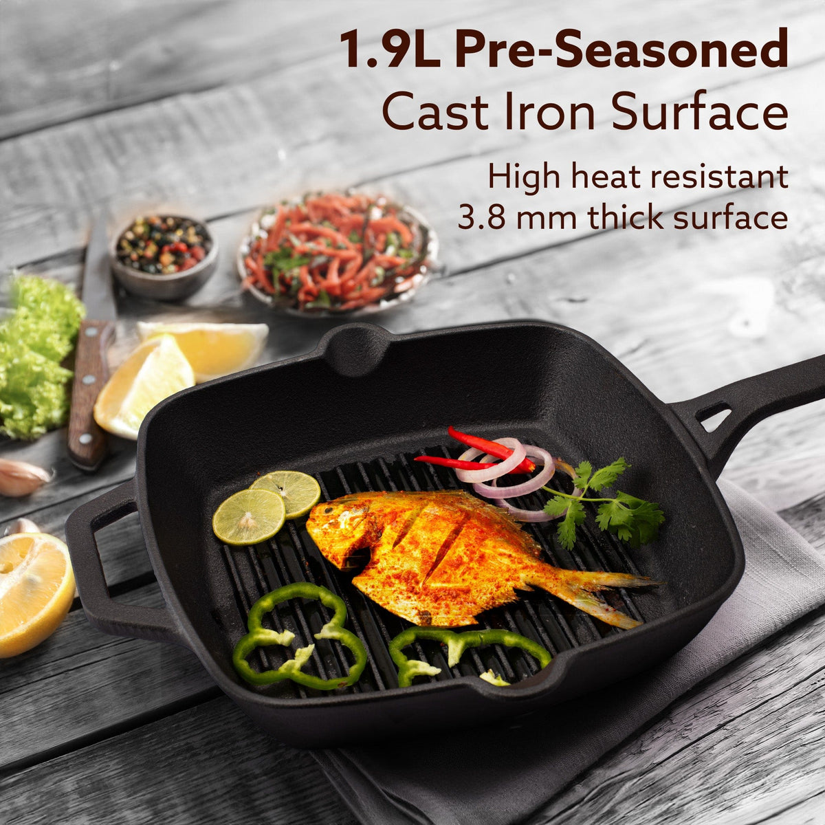 Royal Pre Seasoned Cast Iron Grill Pan, 24cm Diameter, 1.9L, No Chemical Coating, Rigid Handles, Fast Heating, Heavy Weight, Gas Oven & Induction Compatible, Frying, Cooking