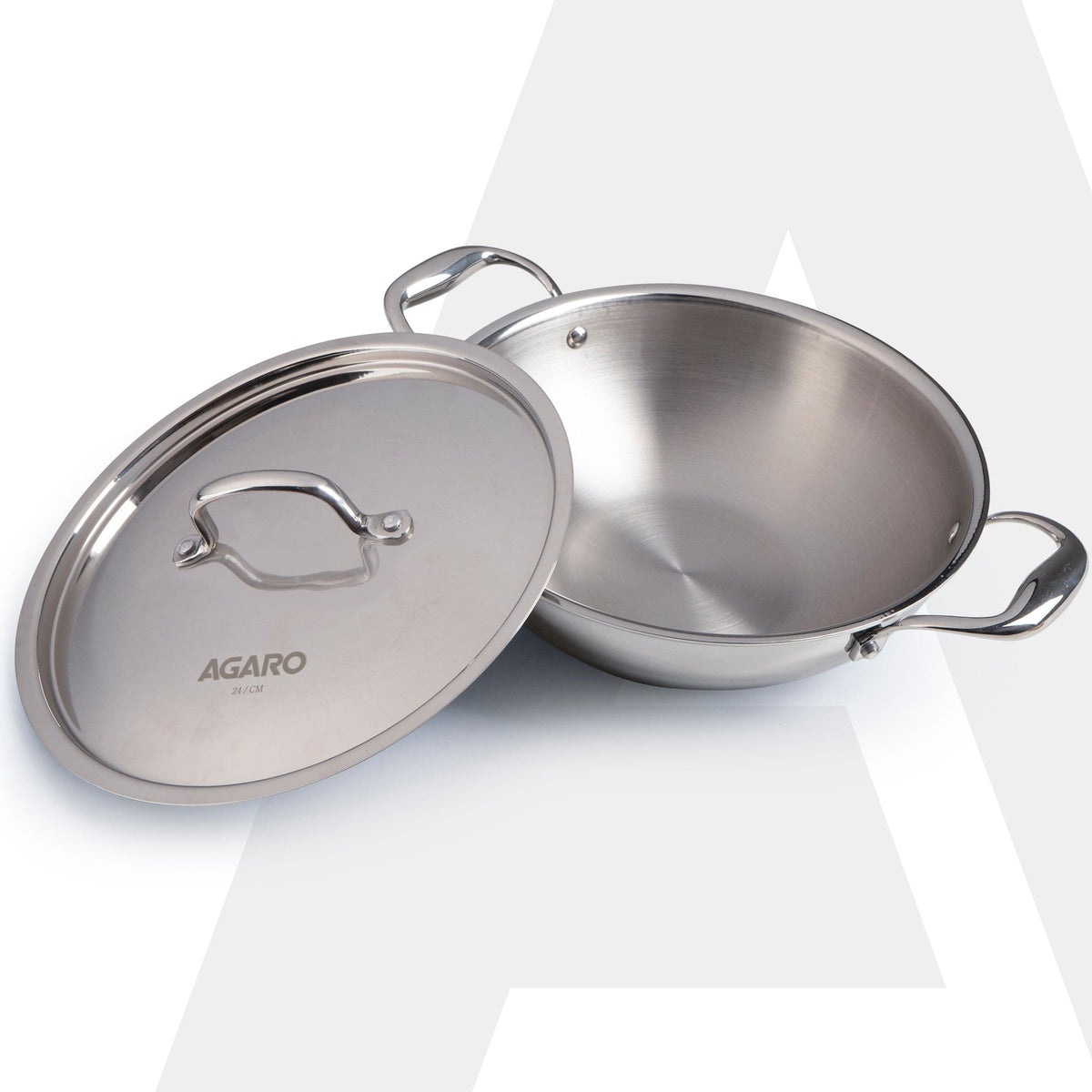 Regency Tri-Ply Steel Kadai, 2.25L Capacity, 24 cm Diameter, Stainless Steel, Riveted  Handle, Food Safe, Gas Oven and Induction Oven Compatible, Cooking, Frying, Serving, Silver