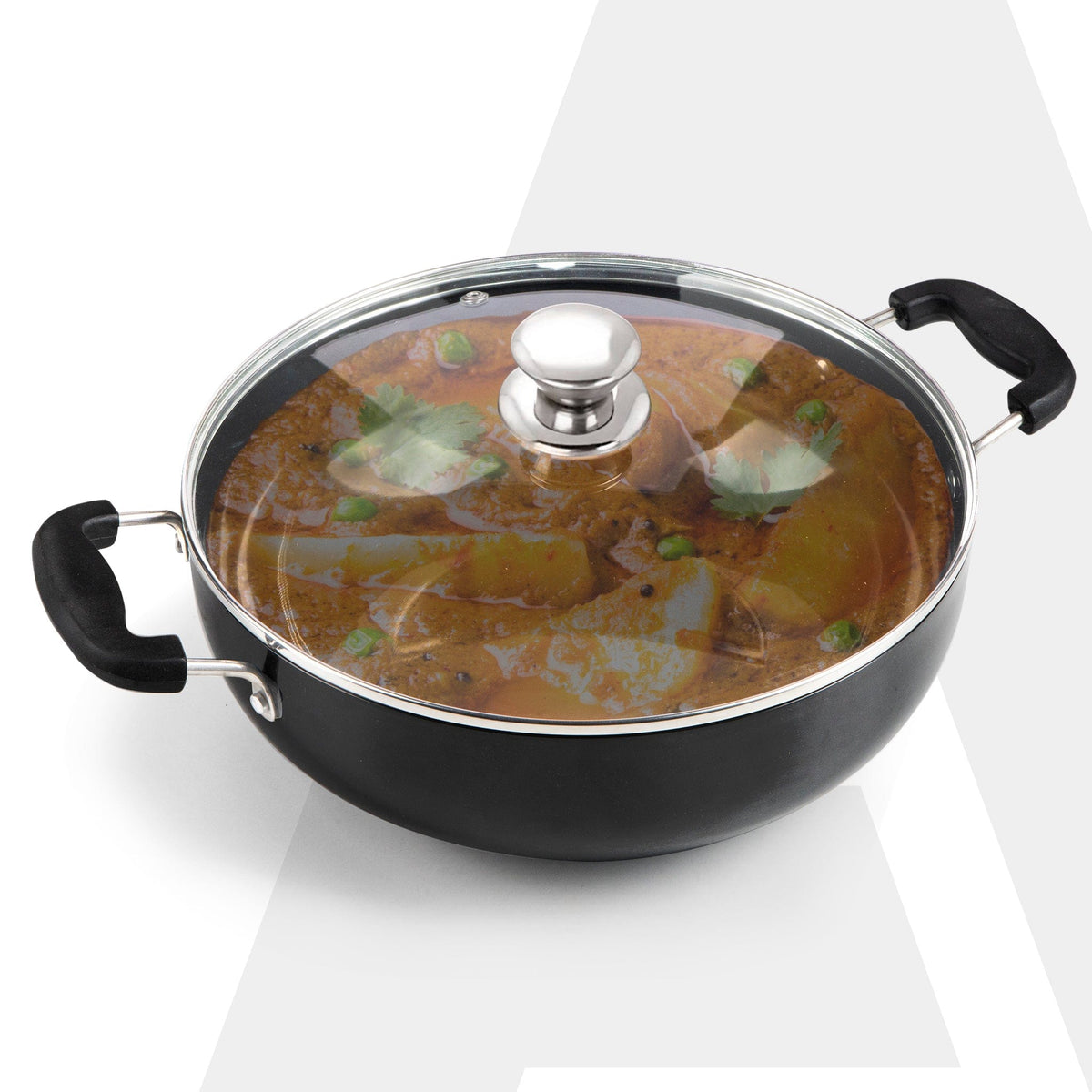 Elite Hard Anodised Kadhai With Glass Lid, 2.5L Capacity, 24 cm Diameter, Gas Oven Compatible, Riveted handle, 3mm thick plate, Cooking, Frying, Serving, Black