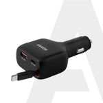 Turbo 84W 3 in1 Car Charger with 86 cm Retractable Cable (30W Type-C PD) & Dual Port (18W USB-A & 30W Type-C) for Android, iPhone, iPad, Earbuds, Tablet, Power Bank & USB-powered devices (Black)
