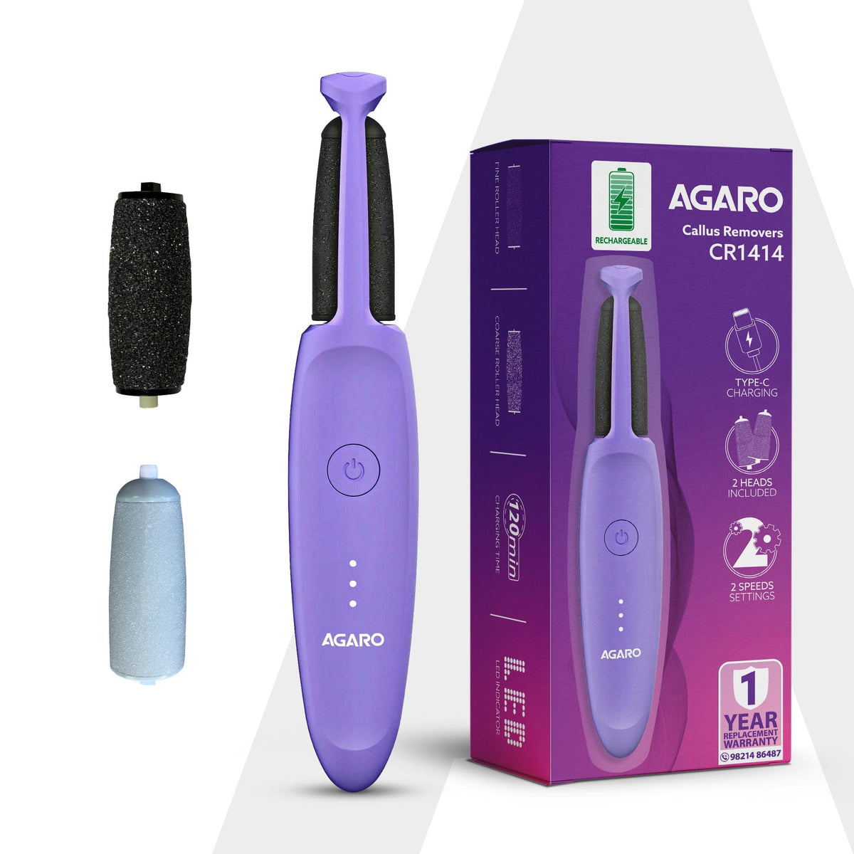 CR1414 Electric Callus Remover with 2 Replaceable Heads – Rechargeable Foot Scrubber for Dead Skin & Cracked Heels | Pedicure Machine with 120 Minutes Runtime
