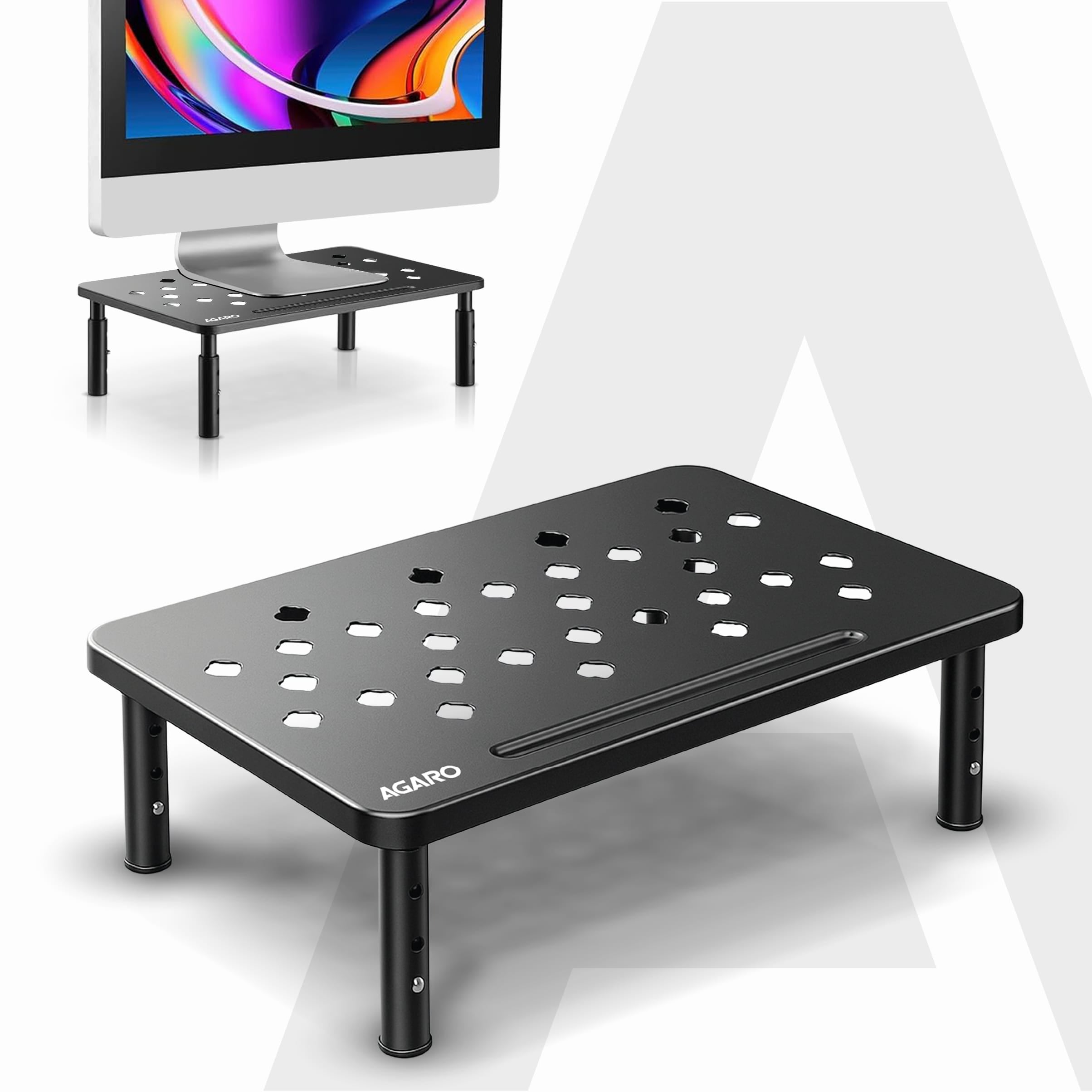 Monitor Stand for Desk, Laptop Stand & PC Riser, 3-Level Height Adjustable, Compatible with 24”, 27”, 29” & 32” Monitors, Laptop, CPU, Printer, Heavy-Duty Steel with Anti-Skid Pads, Black