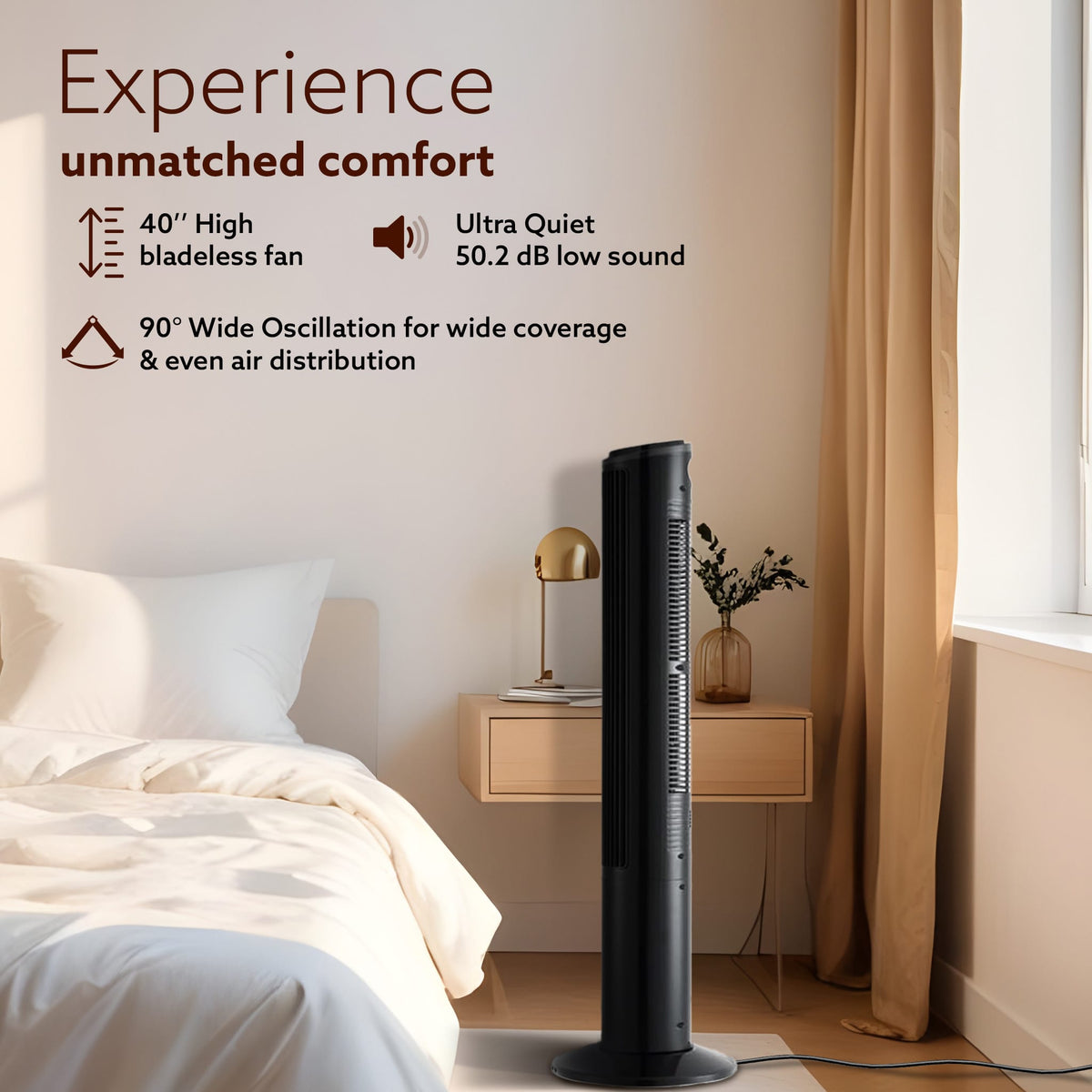 Imperial Oscillating Tower Fan, 40 Inches, 3 Speed, 2 Modes, Electric Standing Fan