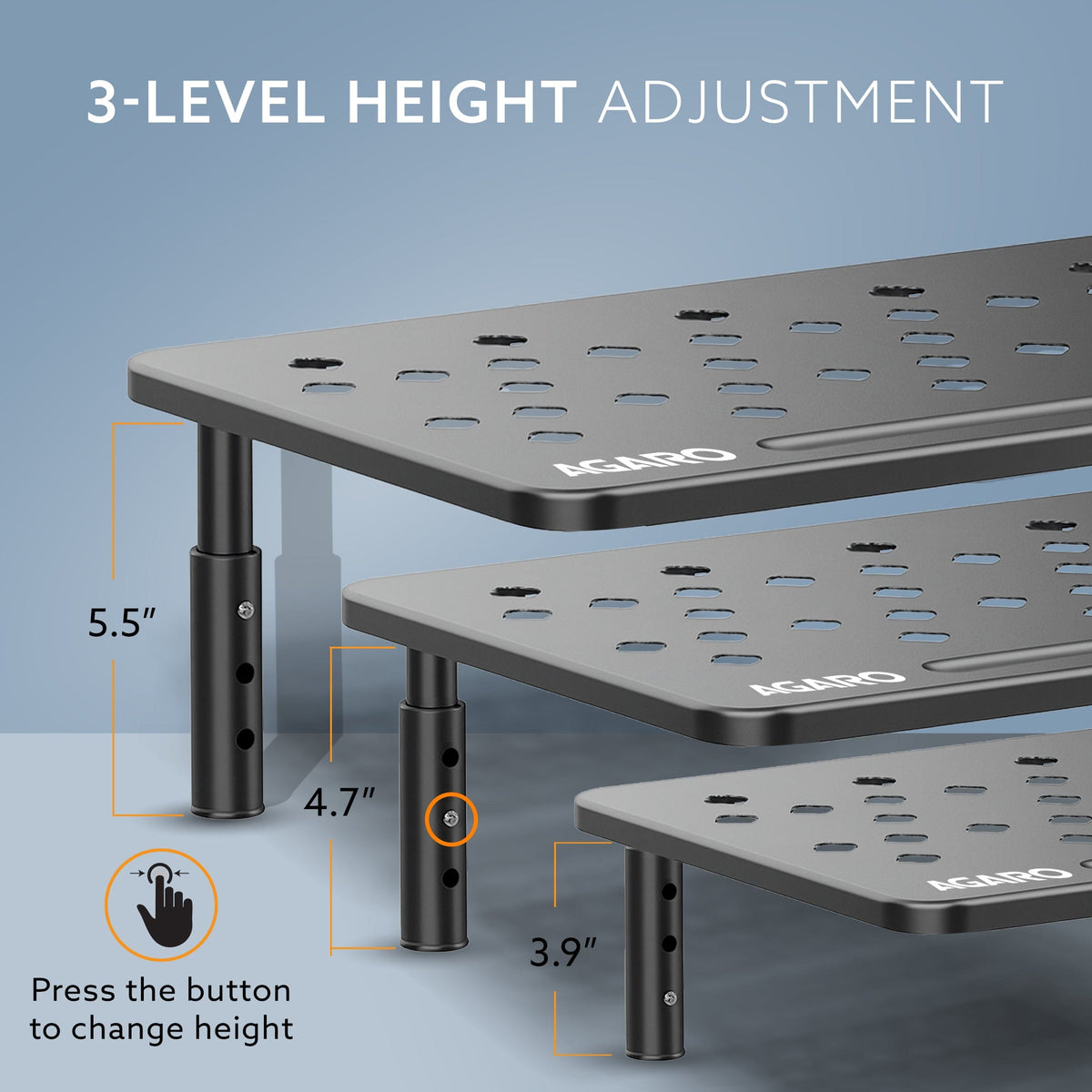 Monitor Stand for Desk, Laptop Stand & PC Riser, 3-Level Height Adjustable, Compatible with 24”, 27”, 29” & 32” Monitors, Laptop, CPU, Printer, Heavy-Duty Steel with Anti-Skid Pads, Black