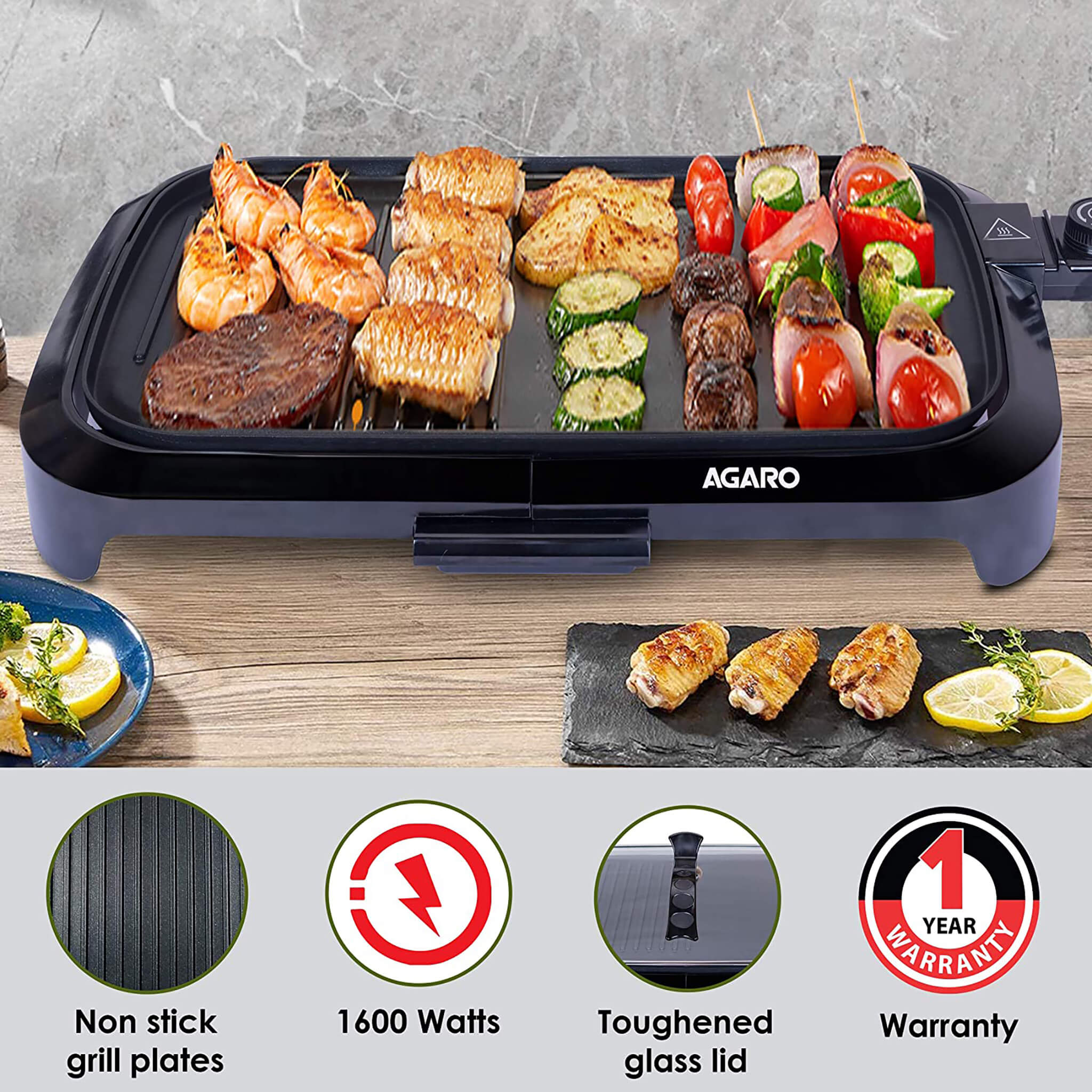 Griller BBQ With Glass Lid - 1600W, Non-Stick Plates