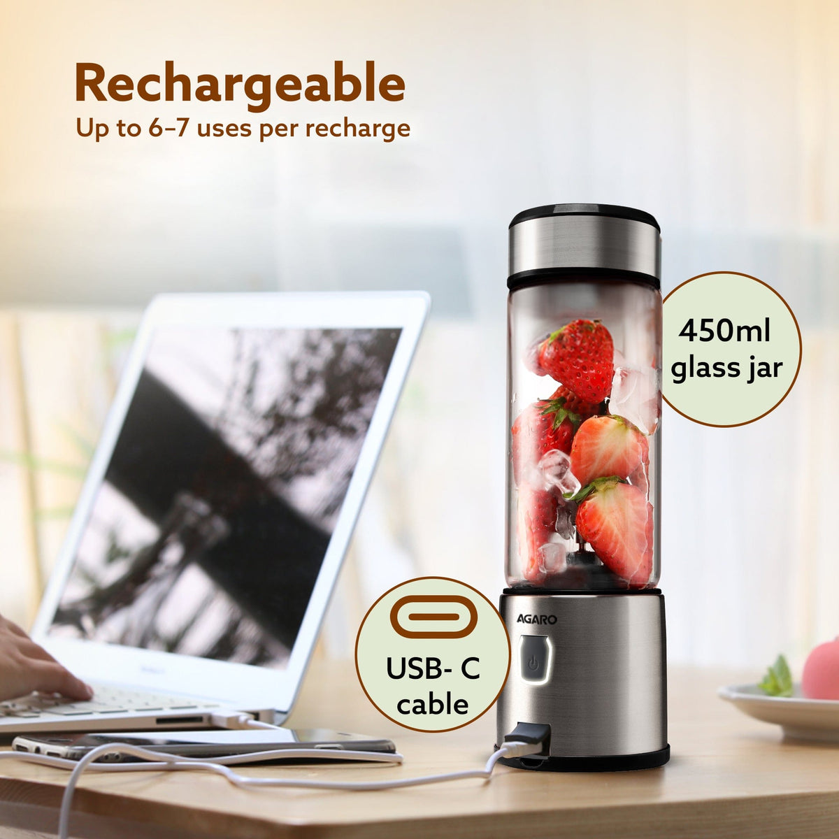 Galaxy Portable Blender, For Smoothie And Juices, Portable Hand Blender For Kitchen, USB Rechargeable Fruit Juicer Machine, 6 Sharp SS Blade, 450ml BPA Free Food Grade Jar
