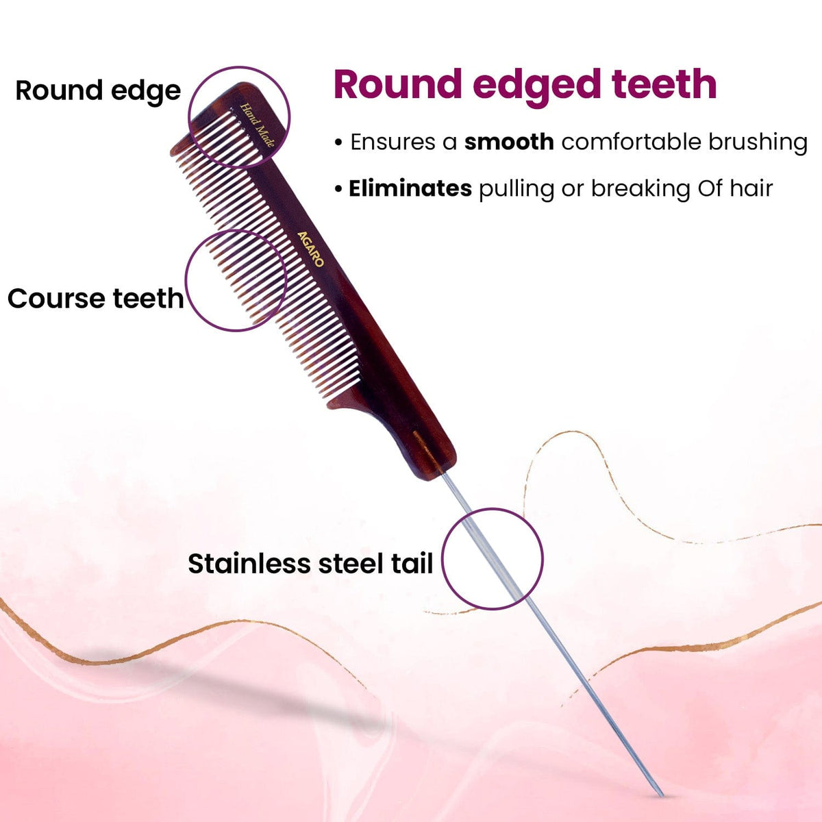 AGARO Hand Made Cellulose Acetate Comb HMC74, All Fine Tooth Dressing Comb, Smooth Rounded Teeth, Hair Styling, Hair Brushing, Hair Dressing, Brown