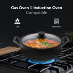 Royal Pre Seasoned Cast Iron Kadai with Glass Lid, No Chemical Coating, Rigid Iron Handle, 4.3L, Uni-Body Design, Fast Heating, Heavy Weight, Gas & Induction Oven Compatible, Cooking, Black