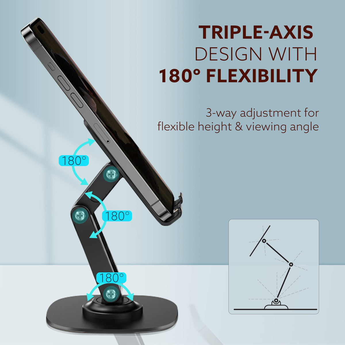 360° Revolving Mobile Stand, Foldable & Sturdy Metal Stand with 360° Rotation, Multiple Height & Angle Adjustments & Anti-Slip pads for Desk, Compatible with Smartphones, Tablets, Kindles & iPad